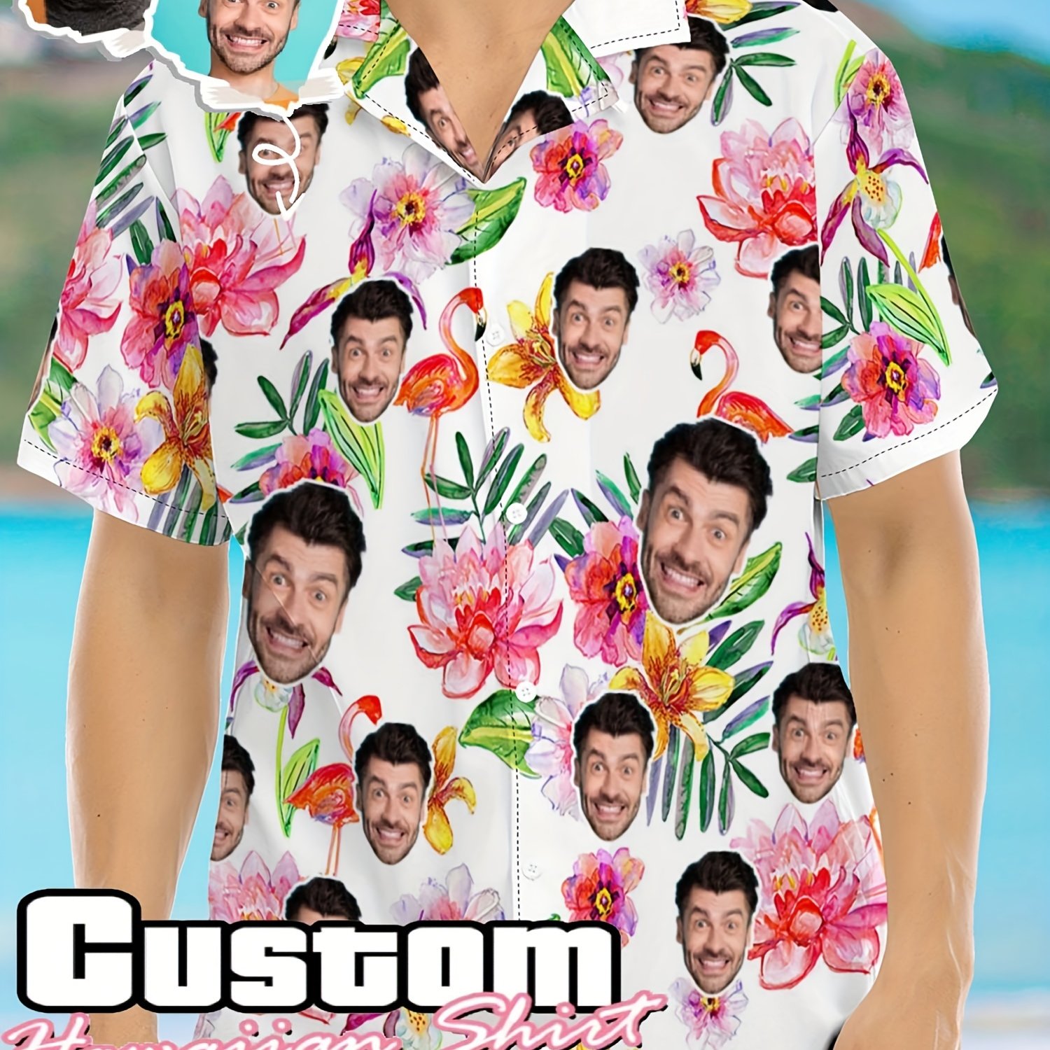 TEMU Custom Face Photo Hawaiian Shirt For Men - Personalized Tropical Print, Casual Summer Button-up With Collar, Machine Washable