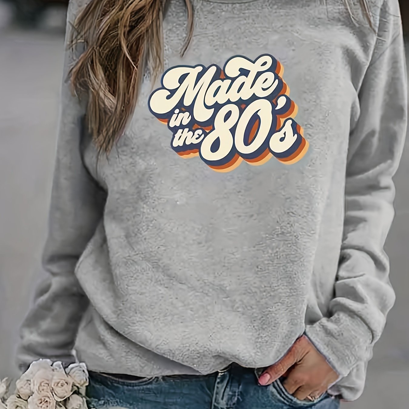 Vintage 80s Print Sweatshirt, Casual Crew Neck Long Sleeve