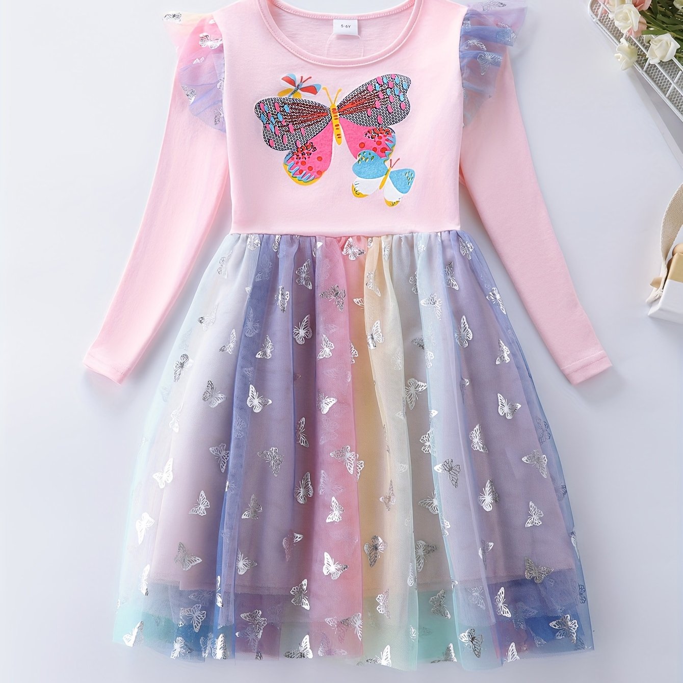 Image of Girl's Long Sleeve Casual Embroidery Print Mesh Autumn Daily A-line Cotton Dress Lh1747