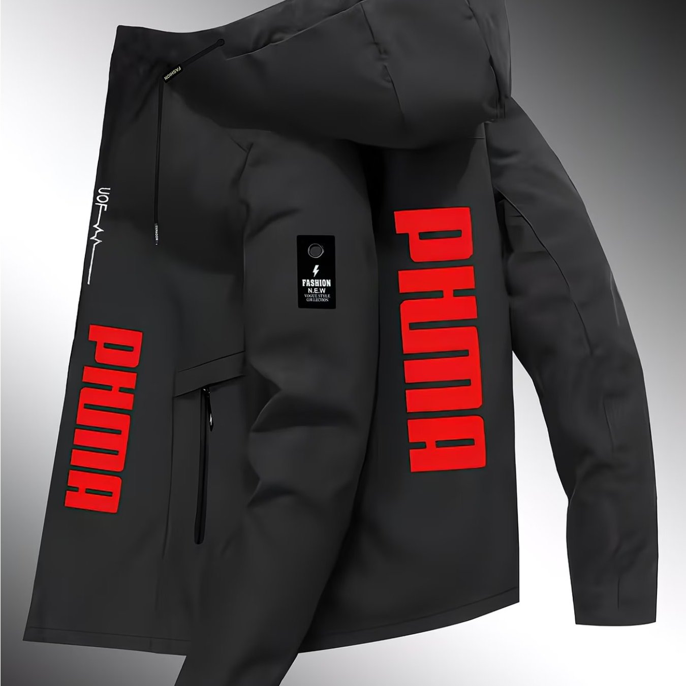 TEMU Men's Gift: Black Hooded Windproof Jacket, Lightweight Motorcycle Riding Jacket With Zipper Closure, Brand Logo Print, High-quality Fabric,
