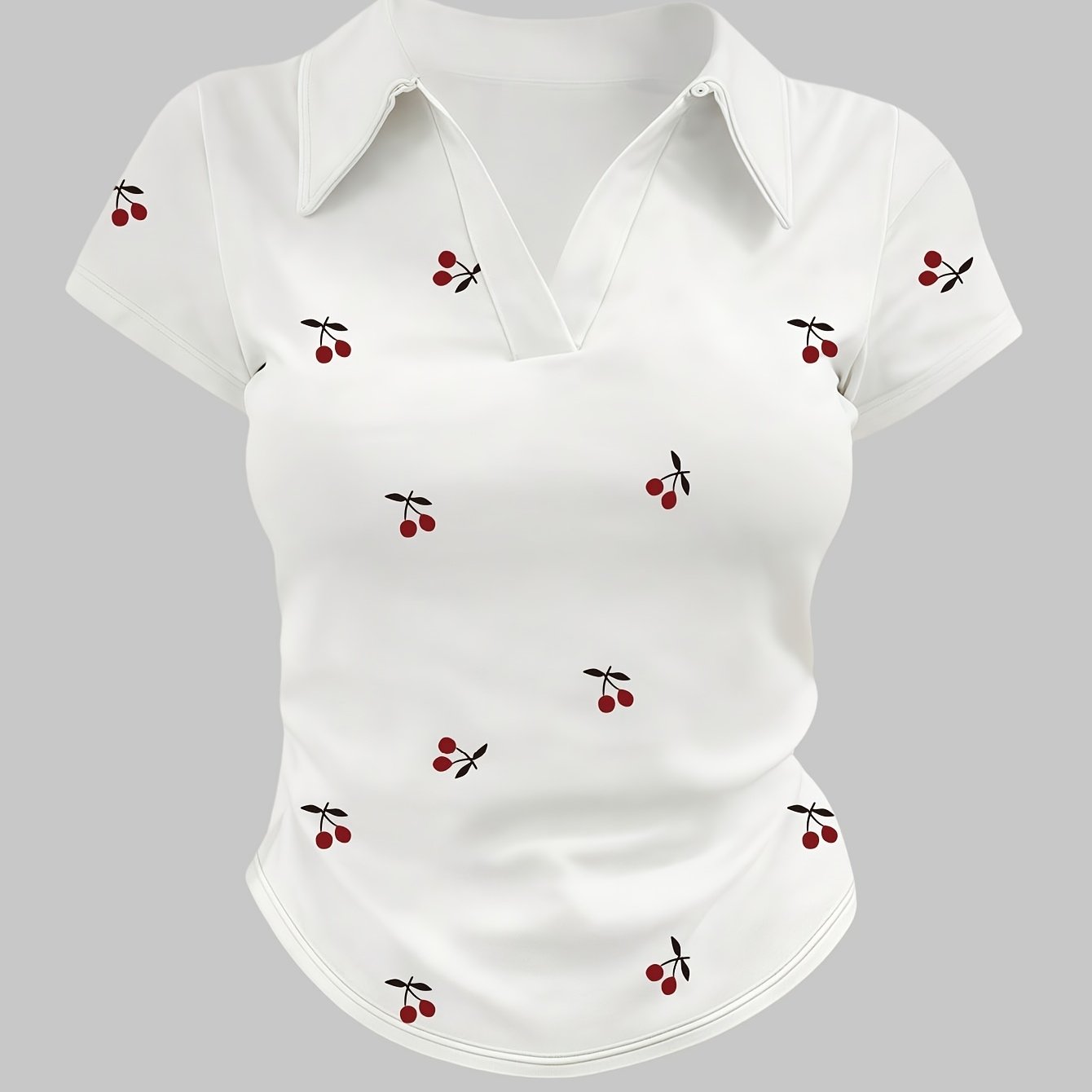 E-shop Damen Kirschdruck Slim Fit Shirt - Kurzarm Rüschenkragen & Taillierter Kurzanzug-Bluse für Frühling Sommer, Casual bis Casual Wear,