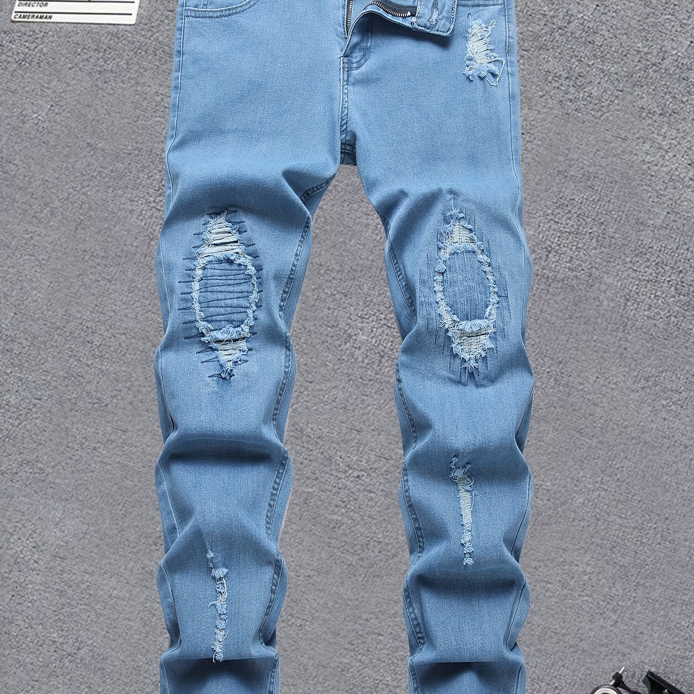 TEMU Men's Stretch Denim Jeans - Slim-fit Mid-waist Casual Pants With Ripped Details, Medium Stretch Fabric & Embroidery, Machine Washable Skinny