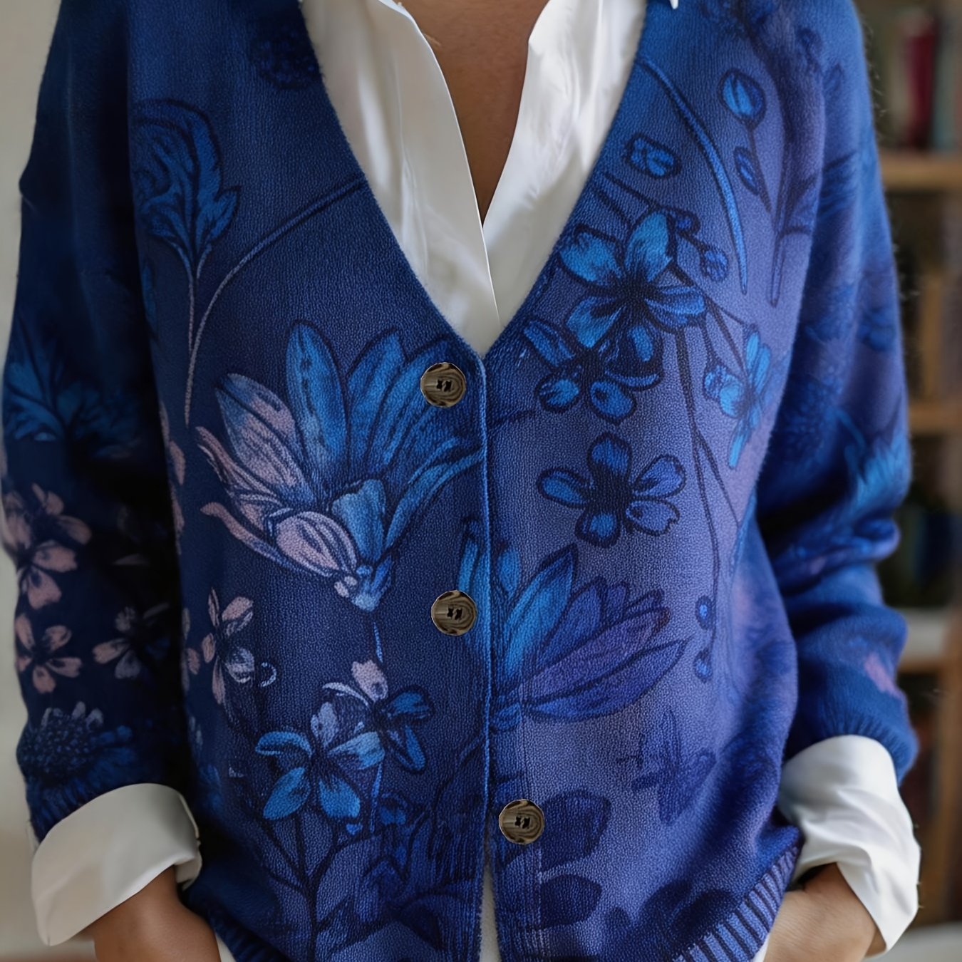TEMU Plus Size, 2d Flat Pattern Autumn/ New Stylish -neck Long Sleeve Cardigan For Women, Floral Pattern Flat Trendy Women's Thin Sweater Outerwear,