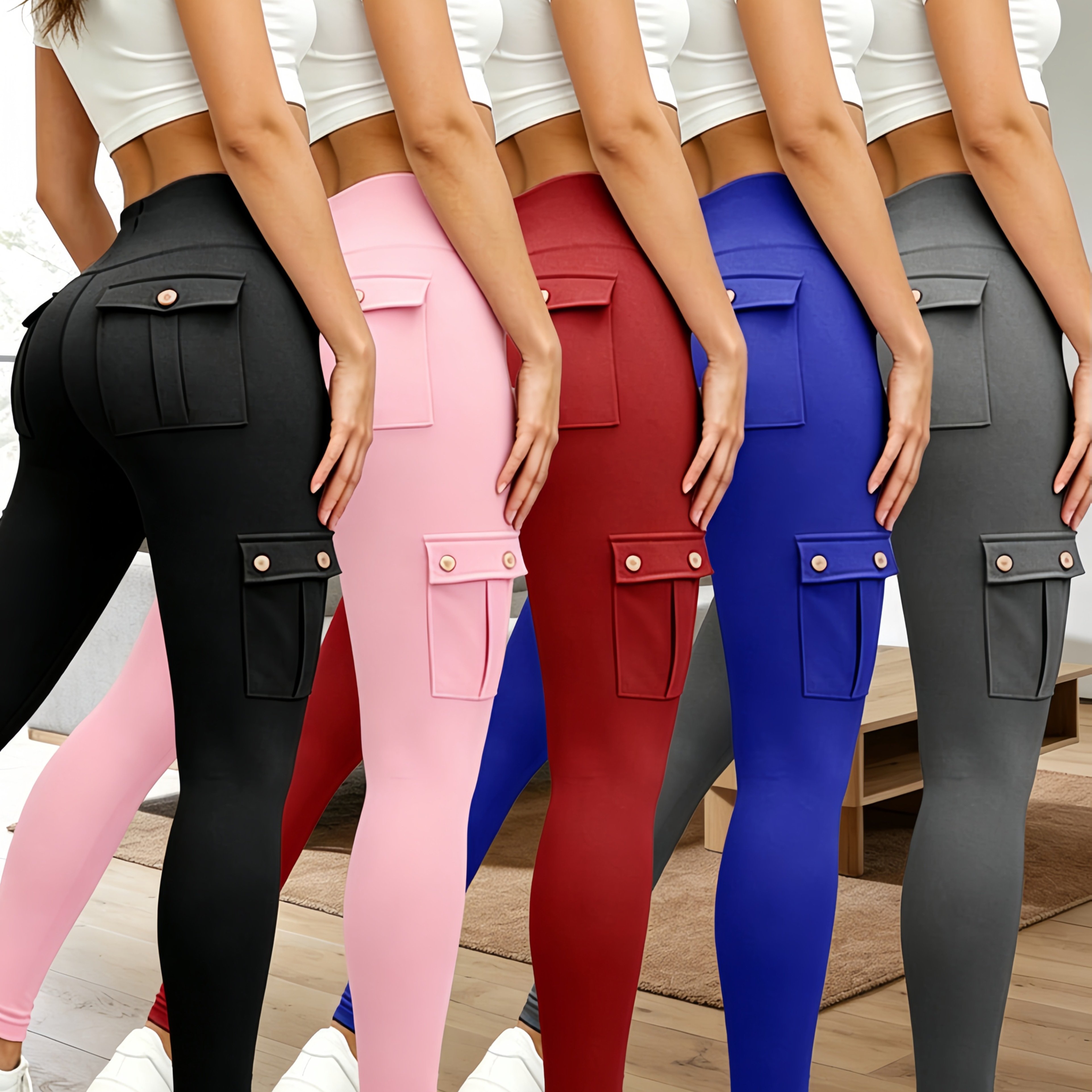TEMU 5 Pack Womens High Waist Yoga Leggings 4 Button Large Pockets Tummy Control Slim Way Stretch Soft Breathable Non Restrictive Sports Workout