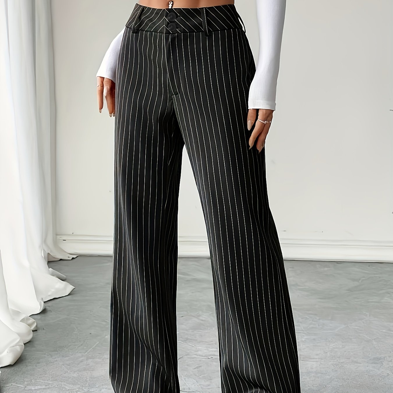 [bk0807037] Office Casual Elegant Style! 2025 Fall/winter New Striped Wide-leg Trousers, Hot High-waist Design With Full Drape, Suitable For Commuting And Casual Women's Long Pants