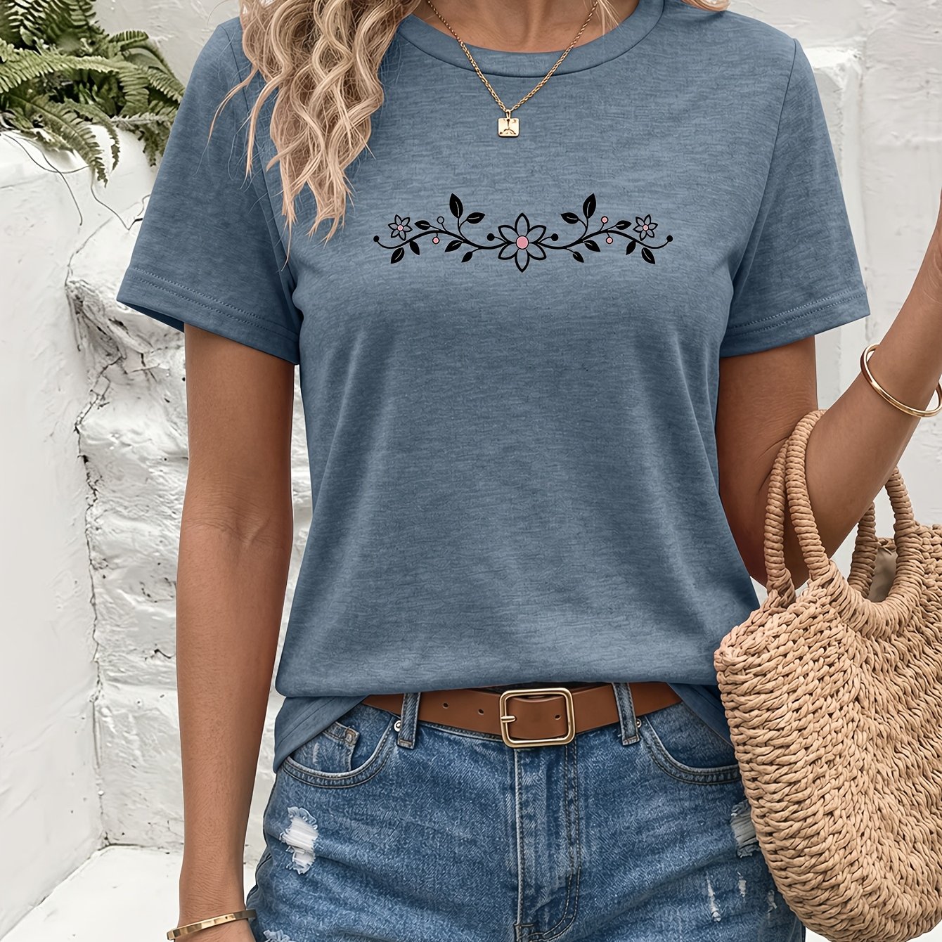 TEMU Elegant, Fresh, And Simple Floral Vine Pattern Printed Colored Crew Neck Short-sleeve T-shirt, Suitable For Daily Wear, Travel Vacations, And
