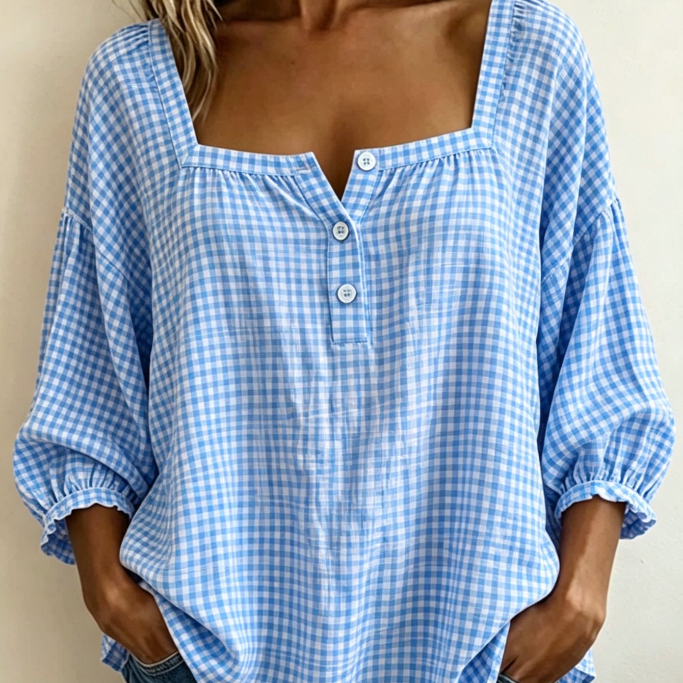 Image of Plus Size - New Arrival Women' Neck Top Outdoor Streetwear Resort Style And White Gingham All Blouse Summer Comfortable And Versatile Design Print Shirt