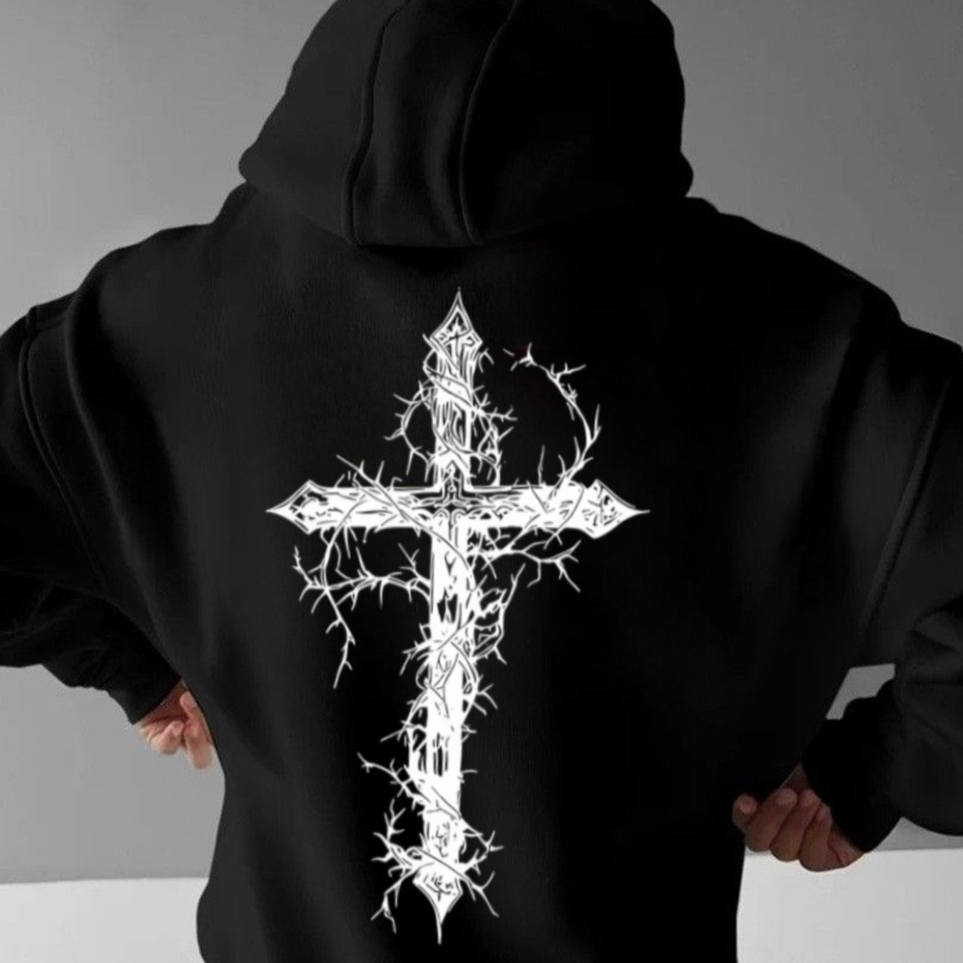 Image of Men's Black Hoodie With White Cross Design - Casual Streetwear, Fall/winter Essential, Versatile Fashion For Biker Gear