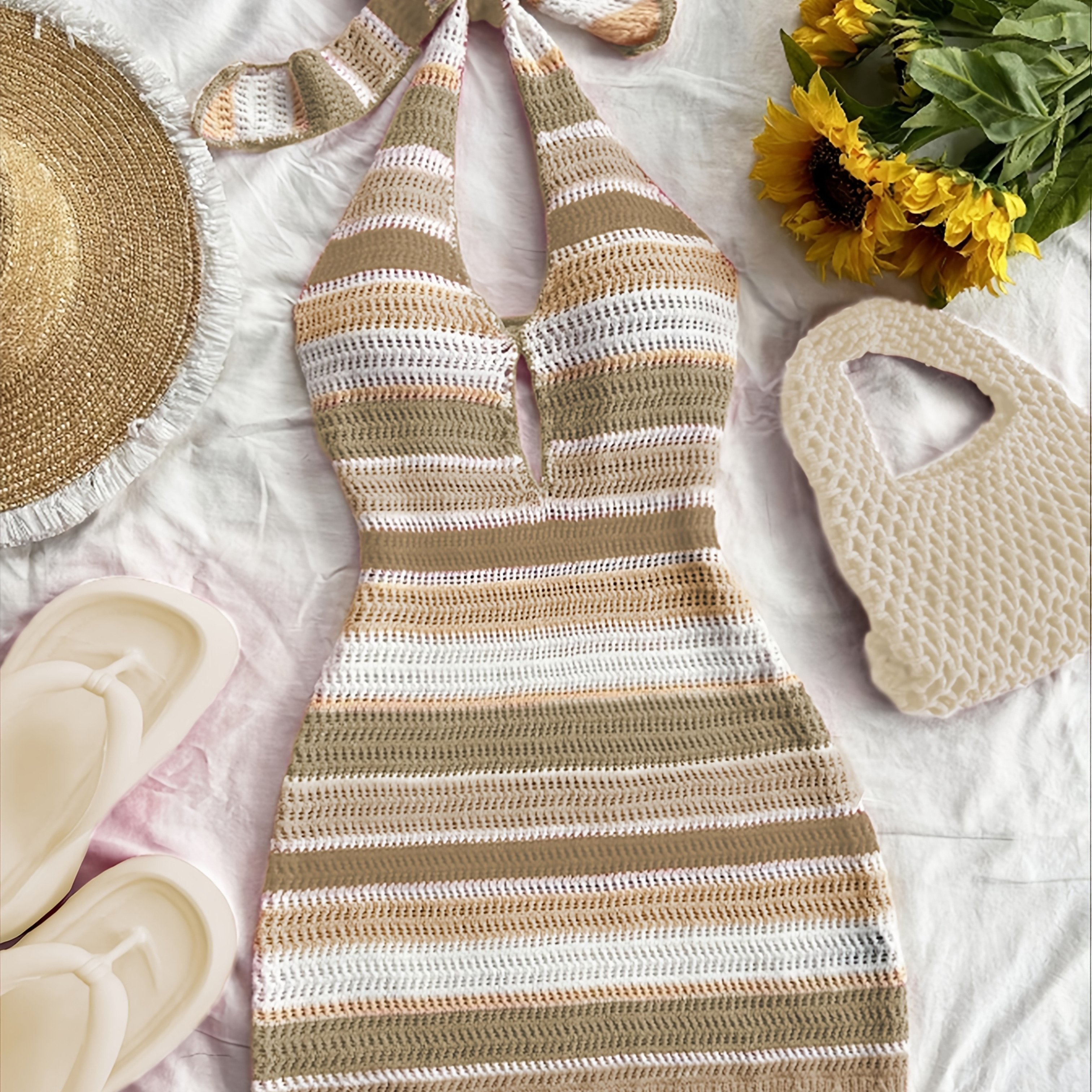 Directional Fashion Swimsuit Sweater Cover-up With Hollow-out Halter Neck Design, Casual Women's Beach Dress
