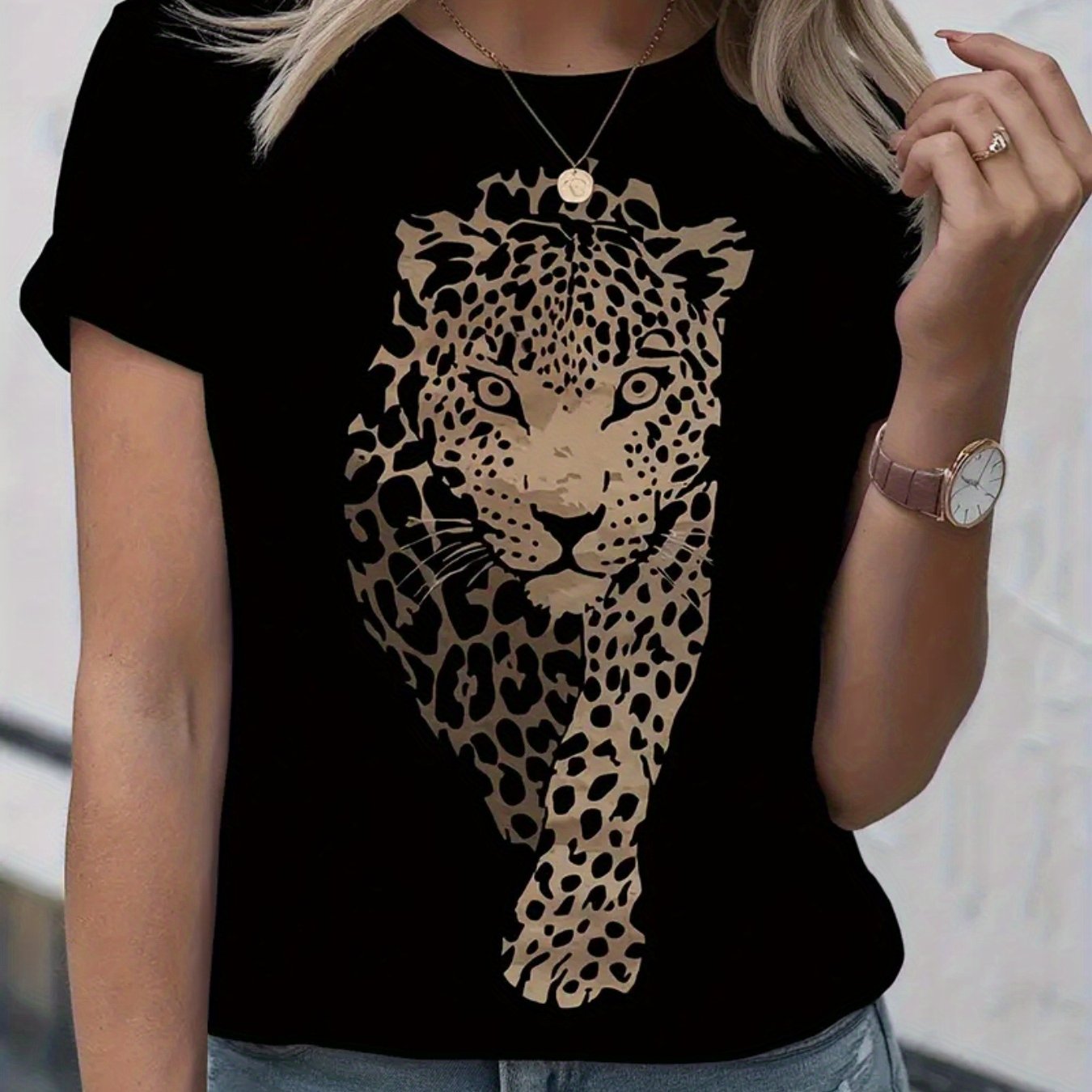 TEMU Women's 100% Geometric Leopard Print T-shirt - Loose Fit Short Sleeve Round Neck Top With 180g Lightweight Fabric Suitable For Spring Summer