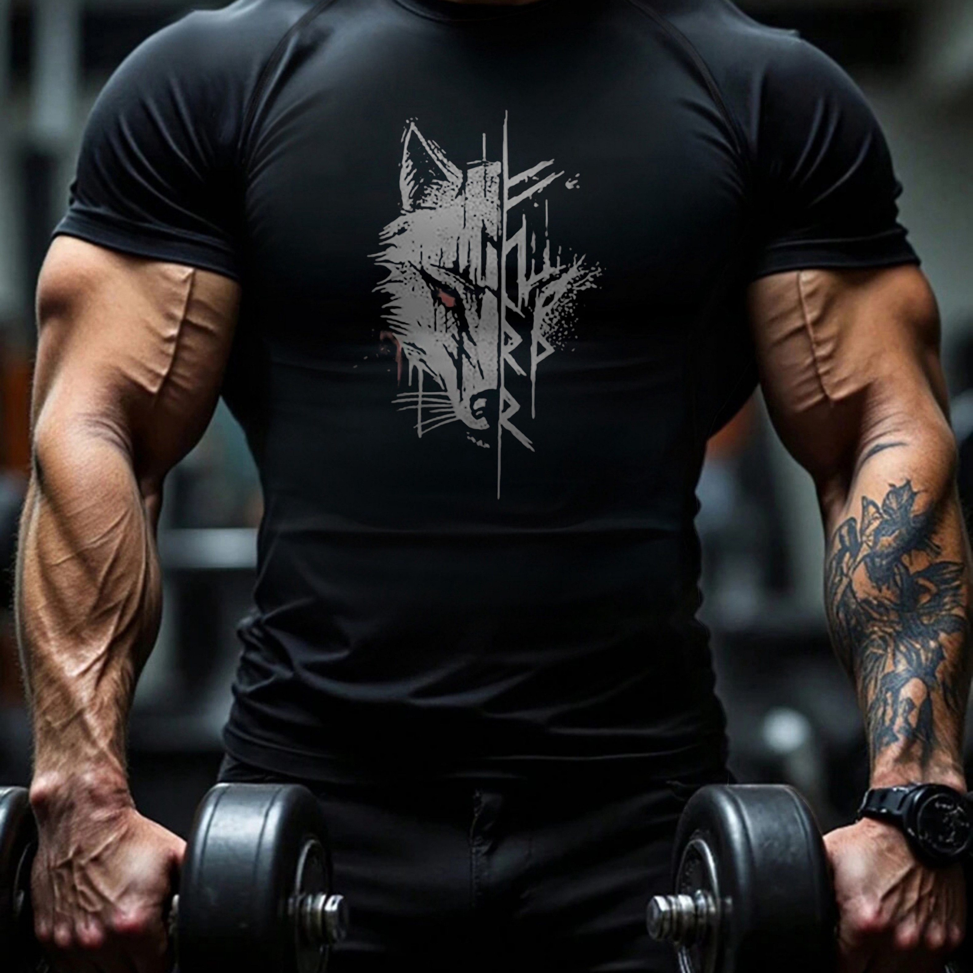 TEMU [printed Design - Not Textured] Power | Men's High-elastic Quick-dry Fitness Compression T-shirt, Essential For , Plus Size