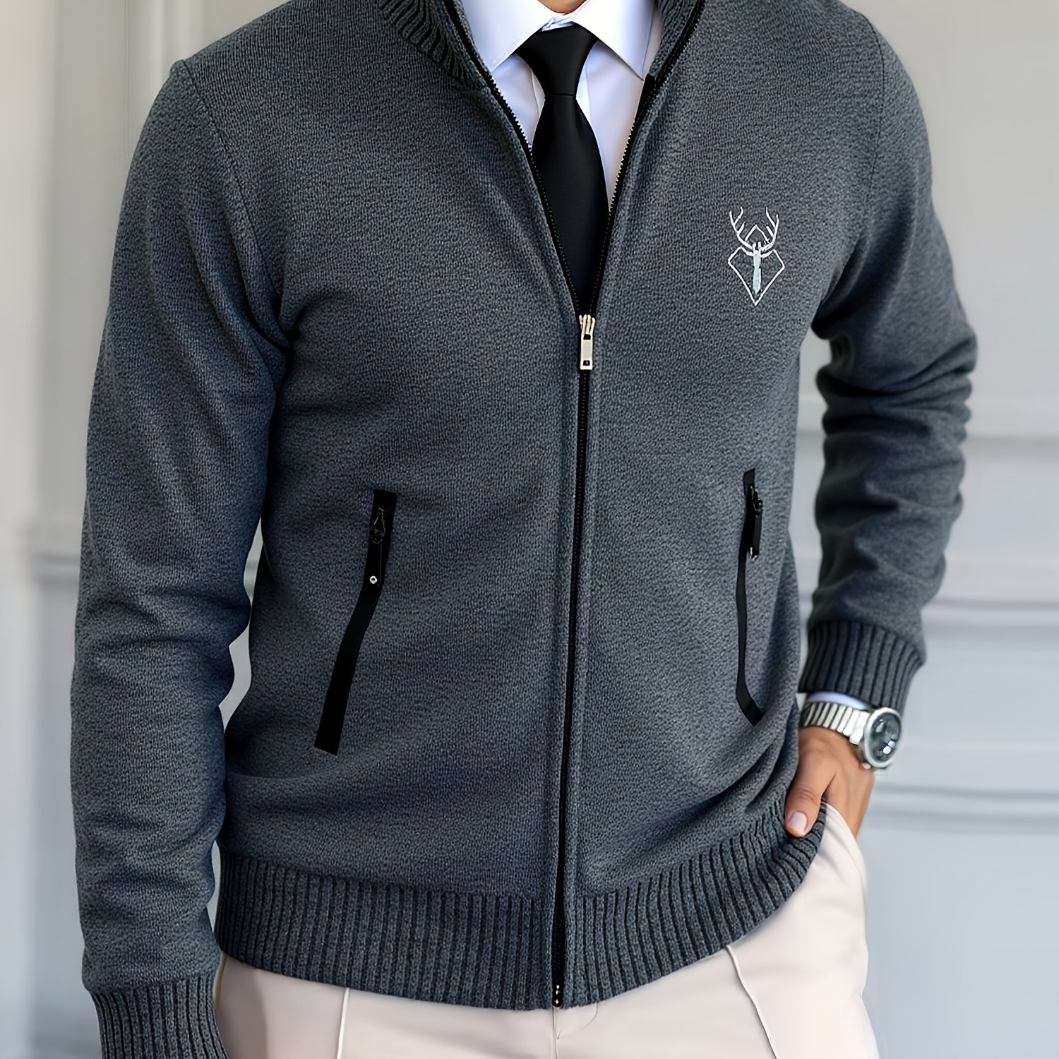 TEMU Chaqueta Suéter Casual de Hombre con Un Solo Agujero, Azul /Negro/Beige/ , , Cuello con Cremallera, Tejido de Punto. elegante y versátil, ideal