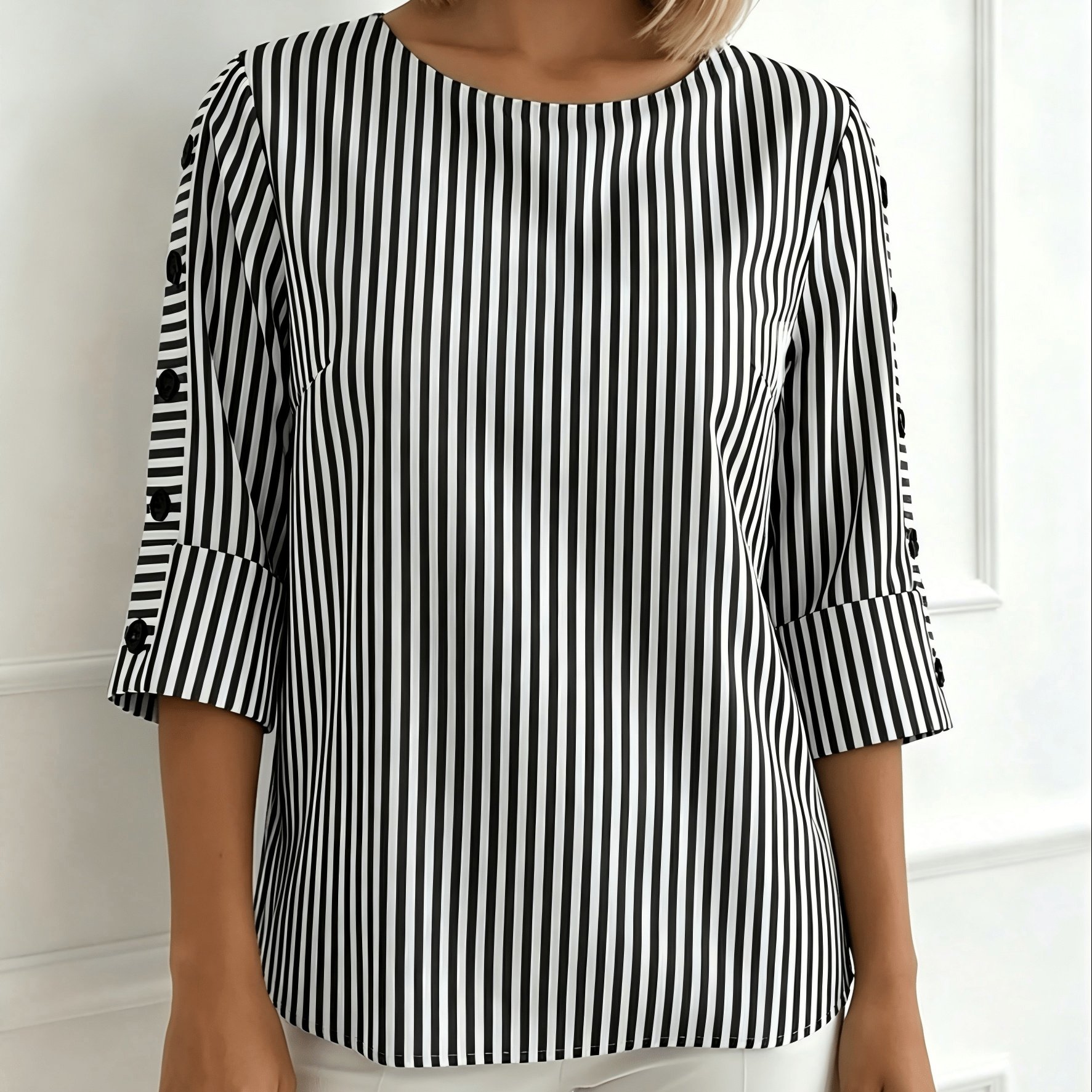 TEMU Spring And Autumn Fashionable Round Neck Striped Elegant Women's Top, Temperament Commuter Women's Top