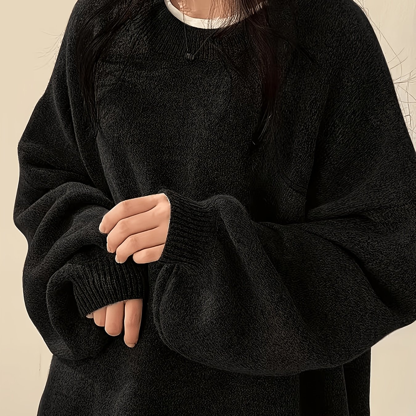 TEMU 2026 Autumn Winter New Korean Style Lazy Round Neck Sweater Women' Color Loose Lantern Sleeve Soft Pullover Casual All-match Top