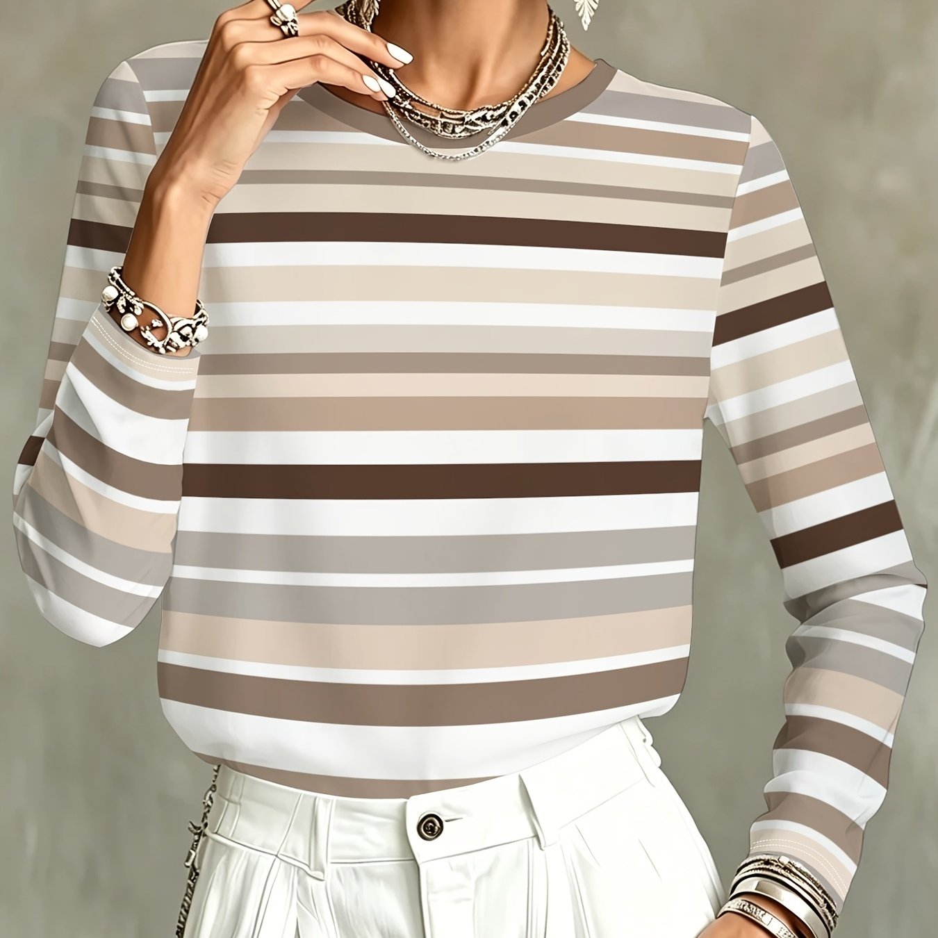 TEMU Plus Size - Women's Striped Long-sleeve Top Is Fashionable, Versatile, Loose-fitting, Suitable For Casual Commuting And Daily Wear, Comfortable,