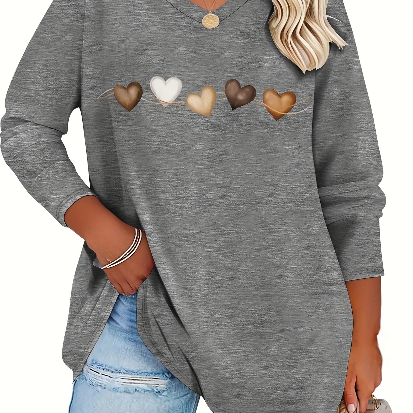 TEMU Plus Size - Plus Size - And Summer Plus Size Women's Fashion Pattern Easy Heart V-neck Long-sleeved T-shirt, Rayon Component - To Care For,