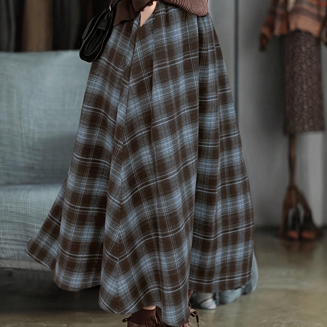 TEMU Elegant Special Vintage Plaid A-line Skirt, High-waist Multi-functional Skirt, Slim Fit Suitable For Work And Daily Wear , Summer, And Autumn