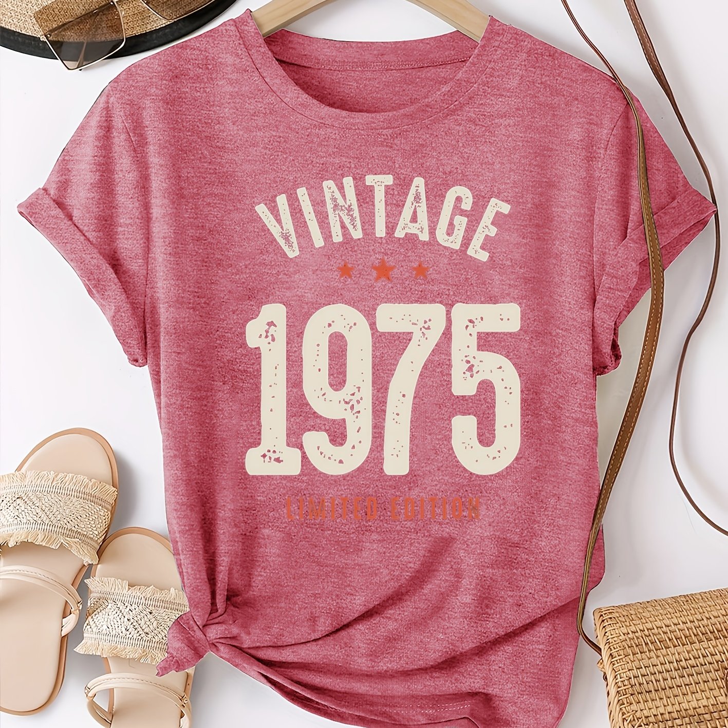 TEMU Elegant Vintage 1975 Printed Crew Neck Short Sleeve T-shirt | Comfortable, Soft, Breathable, , , Medium Stretch Fabric, Drawing Pattern, Sizes