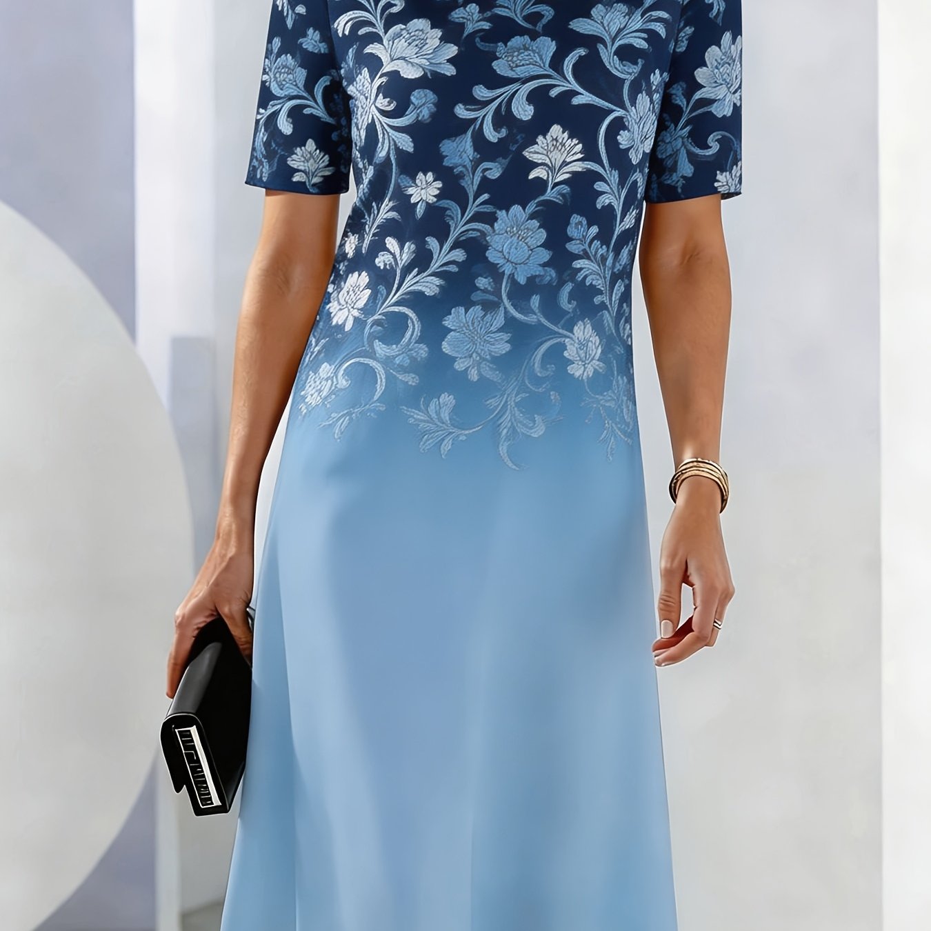 Image of Women's Elegant Blue Gradient Floral Print A-line Mid Length Dress, Short Sleeved Round Neck Design, Exquisite Gradient Floral Print Pattern, Suitable For Casual And Formal Occasions