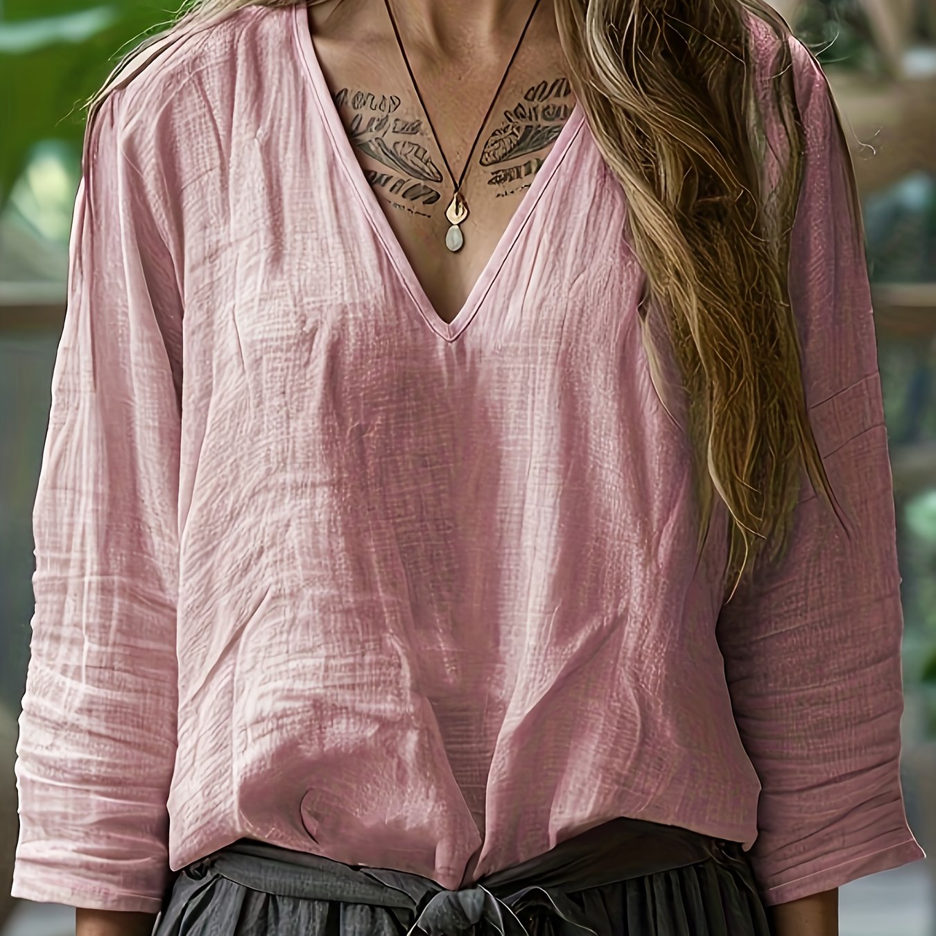 E-shop Elegante Damen Leinen Bluse mit langen Ärmeln und V-Ausschnitt, lässiger -Top für Frühling und Herbst