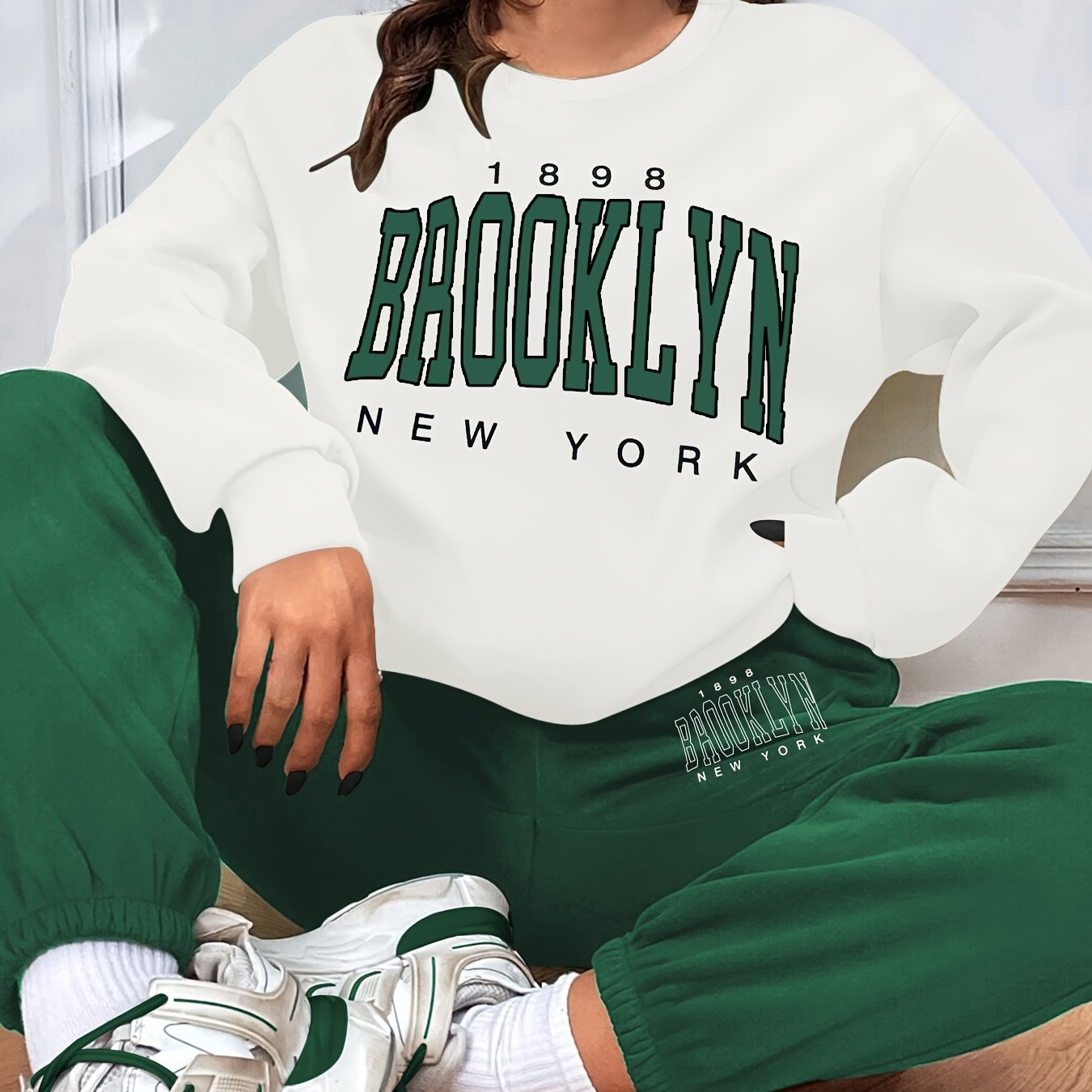 Image of Casual Color Block Two-piece Set, Letter Print Sweatshirt & Jogger Pants Outfits, Women's Clothing
