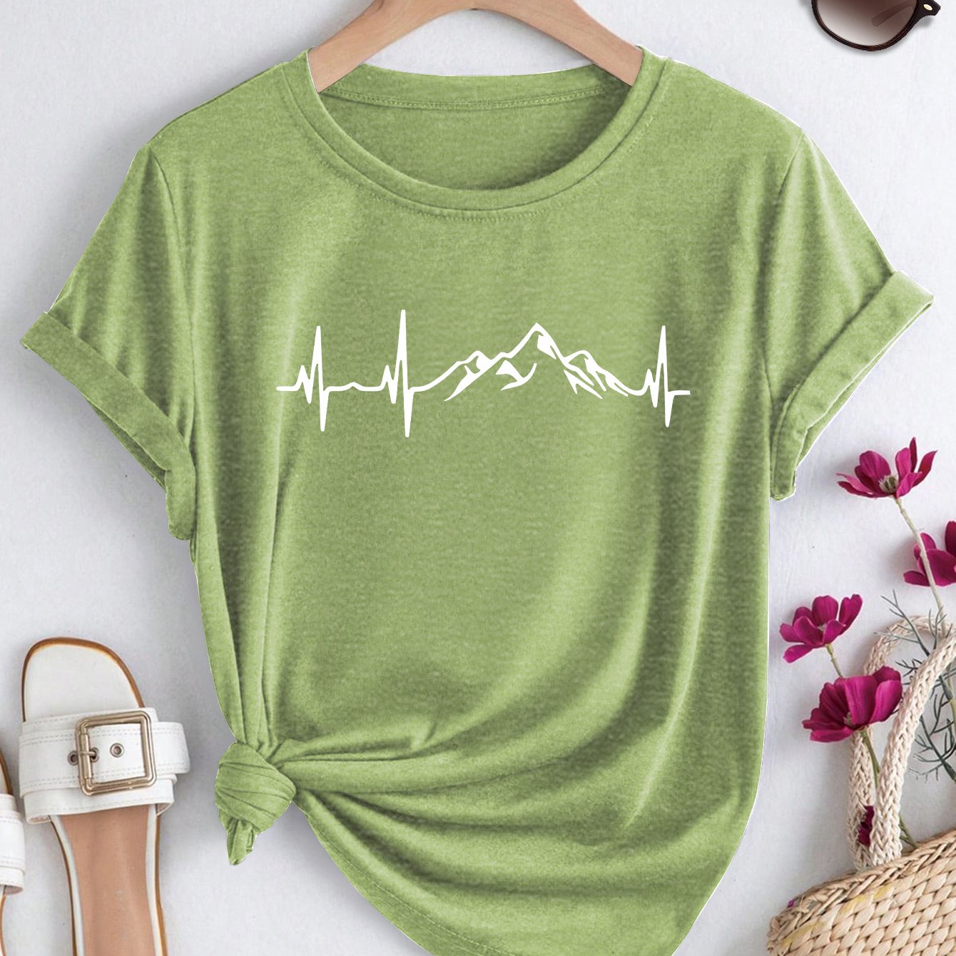 TEMU Women's Elegant Short Sleeve Mountain Heartbeat Ecg Outdoor Hiking Easy Spring Summer Autumn Round Neck T-shirt, Fashion Casual Athletic Daily