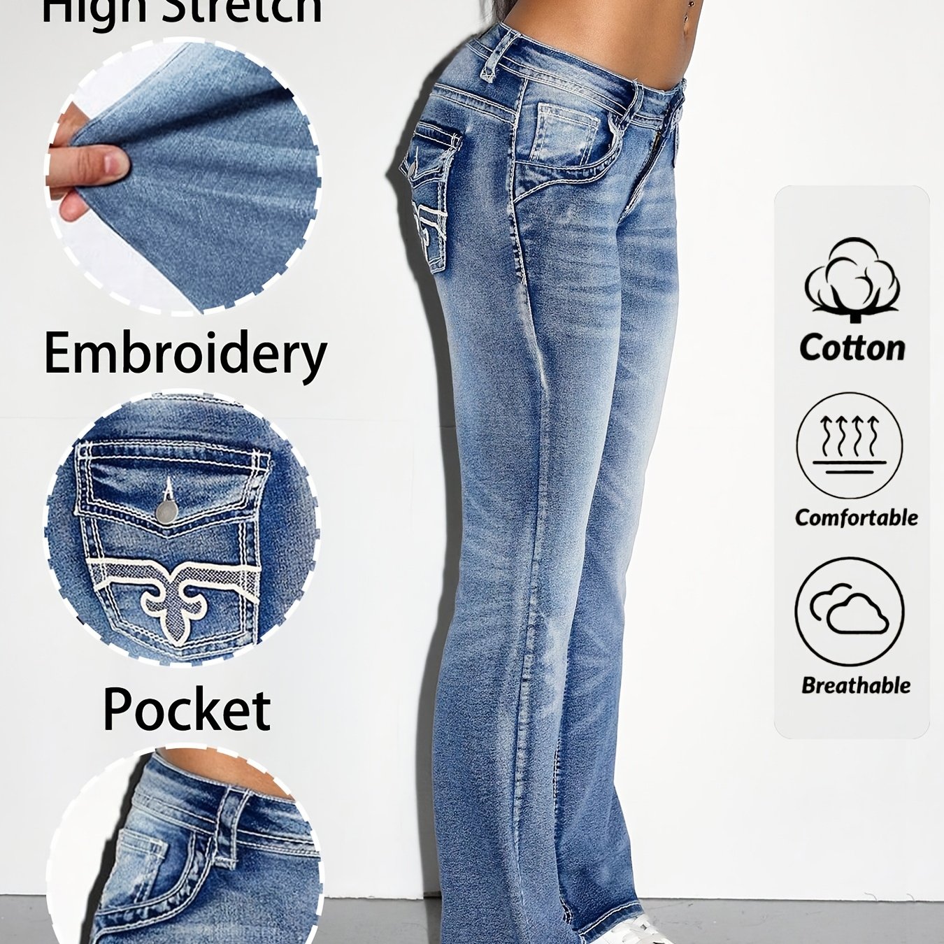 Image of Women's Stretch Denim Flared Pants, Geometric Embroidery Back Pocket Flap, Light Blue Casual Flared Pants, Comfortable And Durable, Machine Washable, Women's Jeans And Clothing