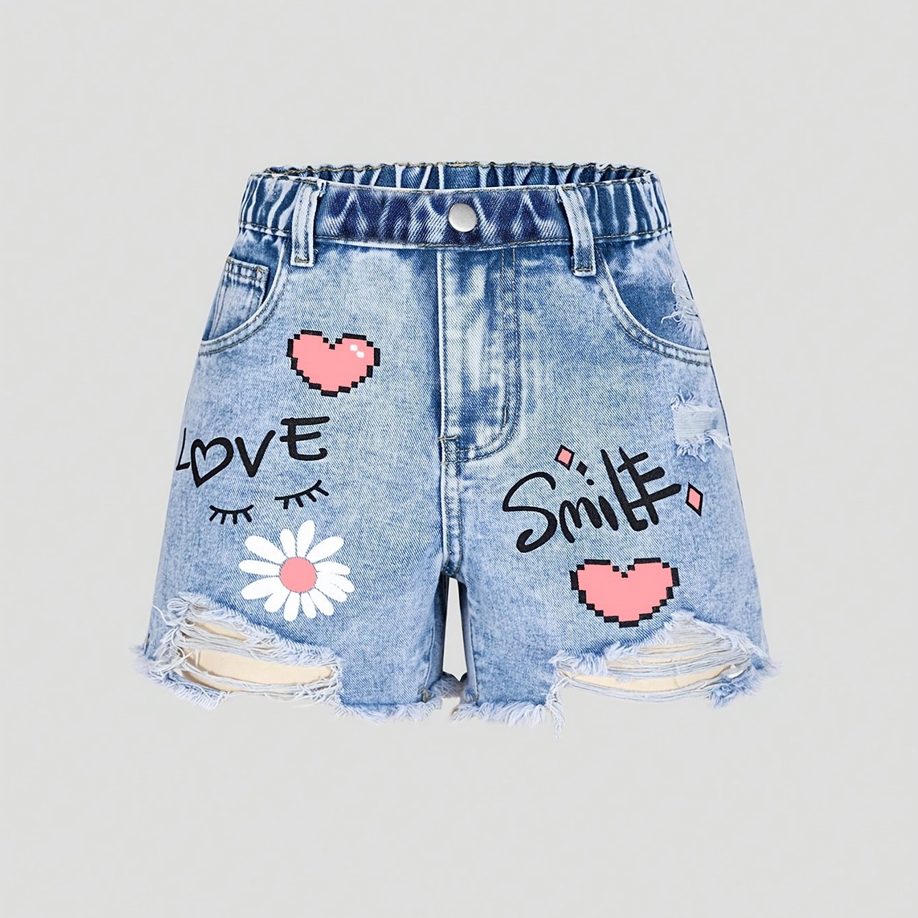 Kids Spring Summer New Y2k Graffiti Print Distressed Faux Denim Shorts (heart Flower Letter Multi-functional)