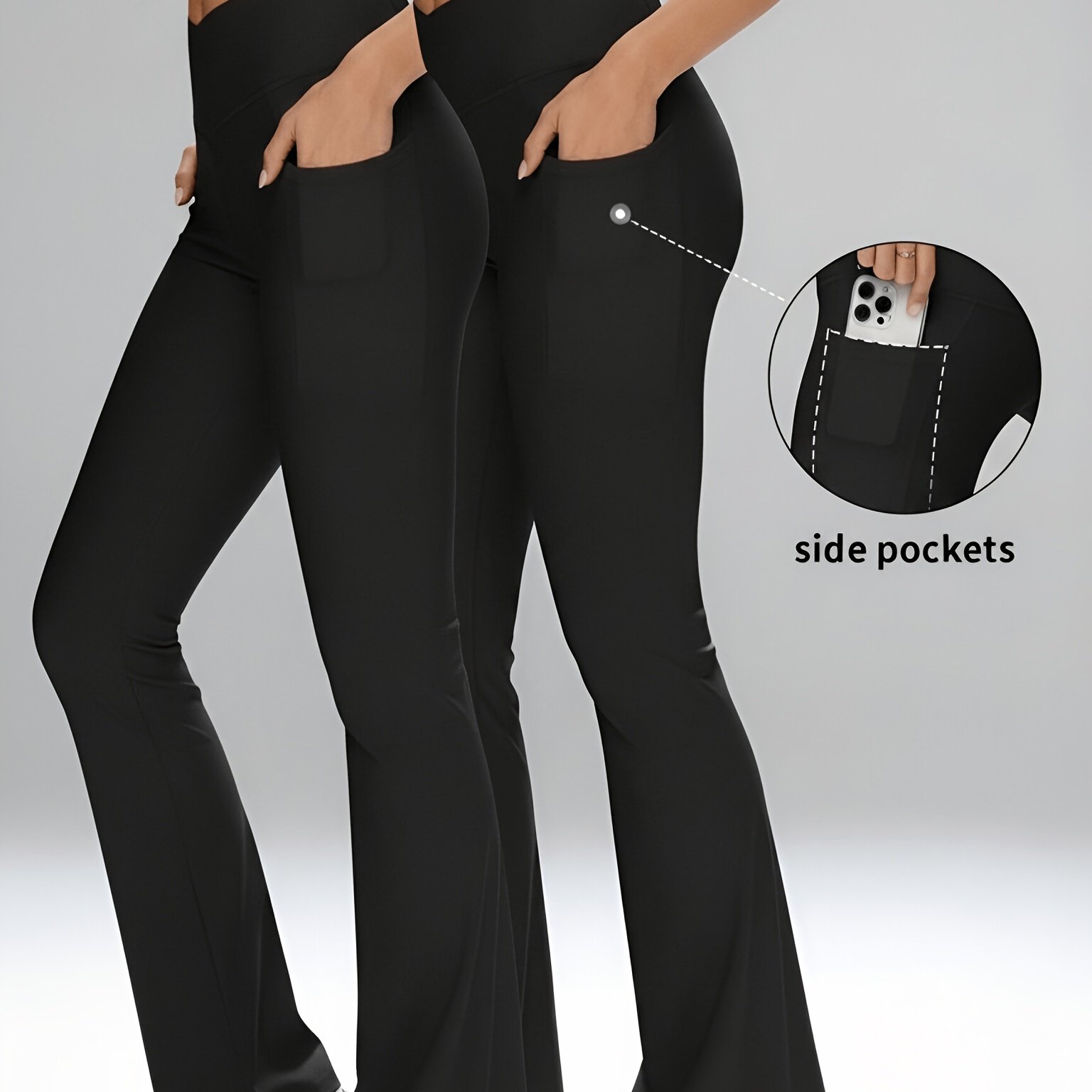 TEMU 2-pack Cross-waist Yoga Flare Leggings With Pockets - Soft Gym Workout Pants