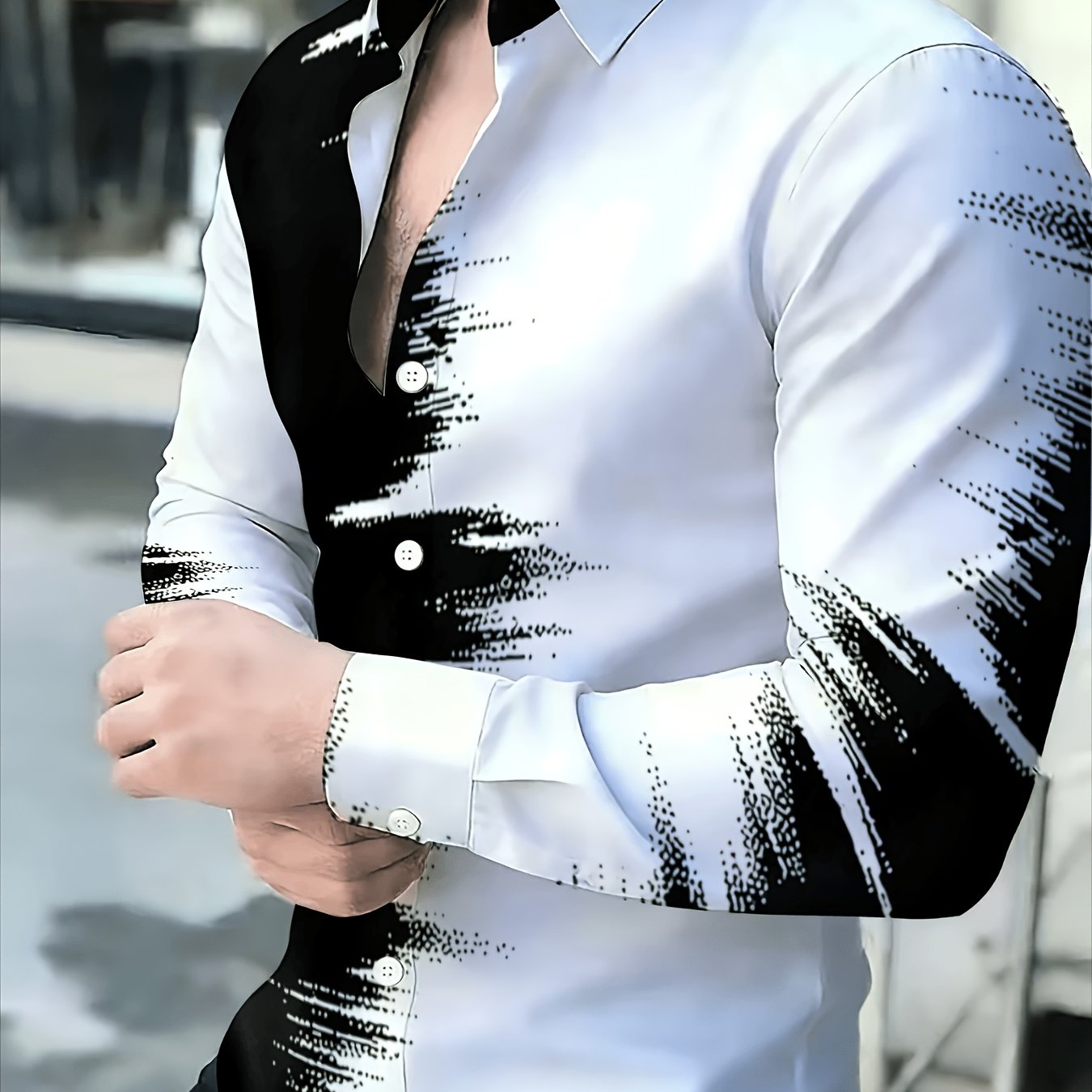 TEMU Men's Black And White Ink Splatter Print Shirt, Business Casual Long Sleeve Shirt, Easy-to-style Fashionable Men's Apparel