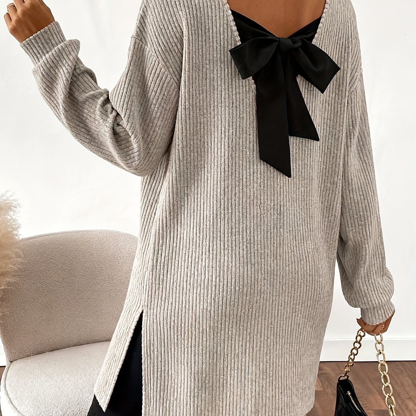 TEMU Women's Elegant -neck Cable Sweater With Back Bow Bow - Loose Regular -, Split Mid-length Split Hem Blouse-compatible Sweater Suitable For