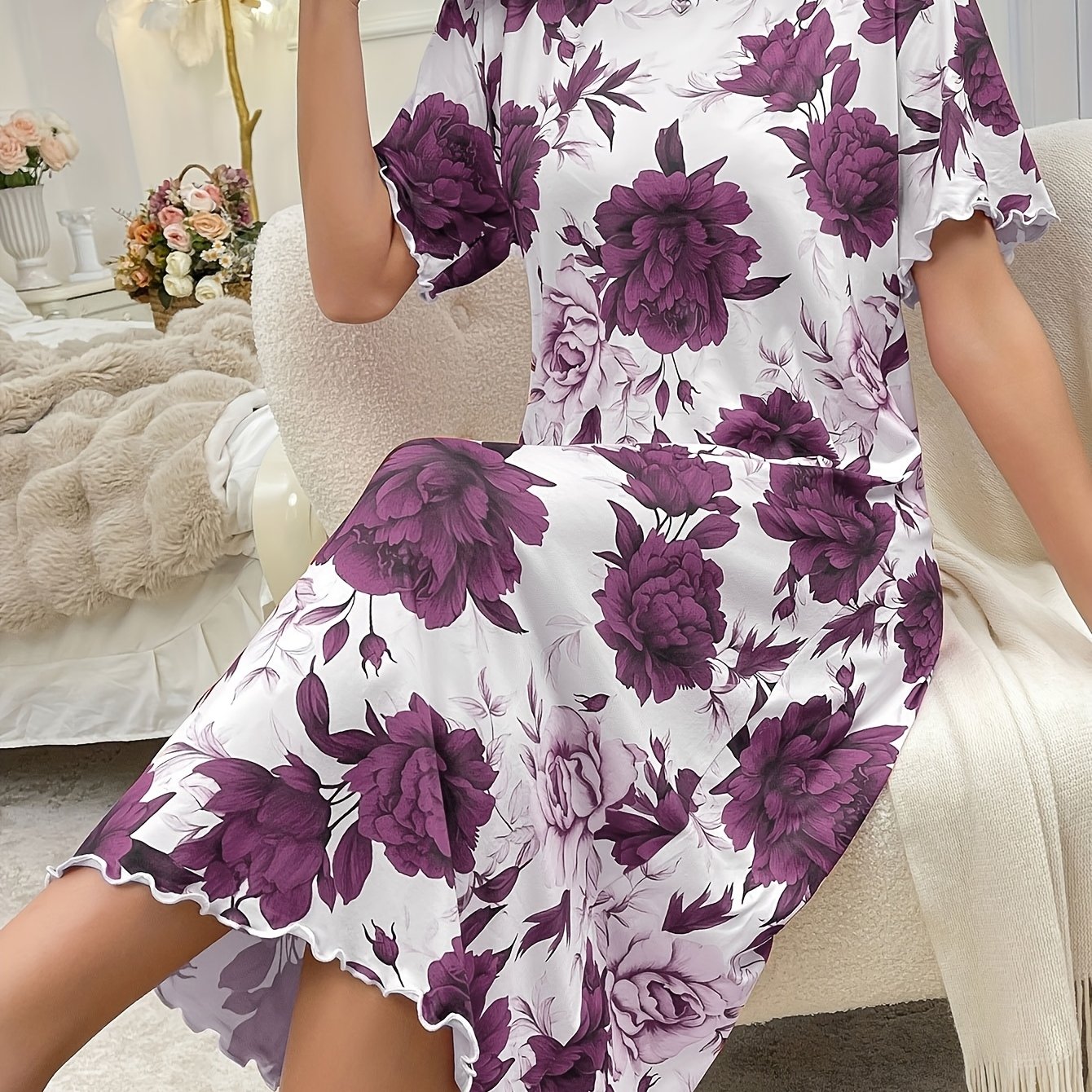 TEMU Women's Elegant Floral Print Frill Trim Sleepwear Dress, Short Sleeve Round Neck Tee Dress, Comfortable Nightgown