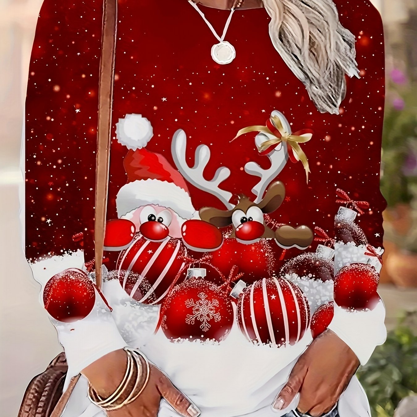 TEMU [printed Design - Not Texture] Women's Christmas T-shirt, Santa Reindeer And Candy Cane Print Long Sleeve Round Neck Casual Top, Holiday Machine