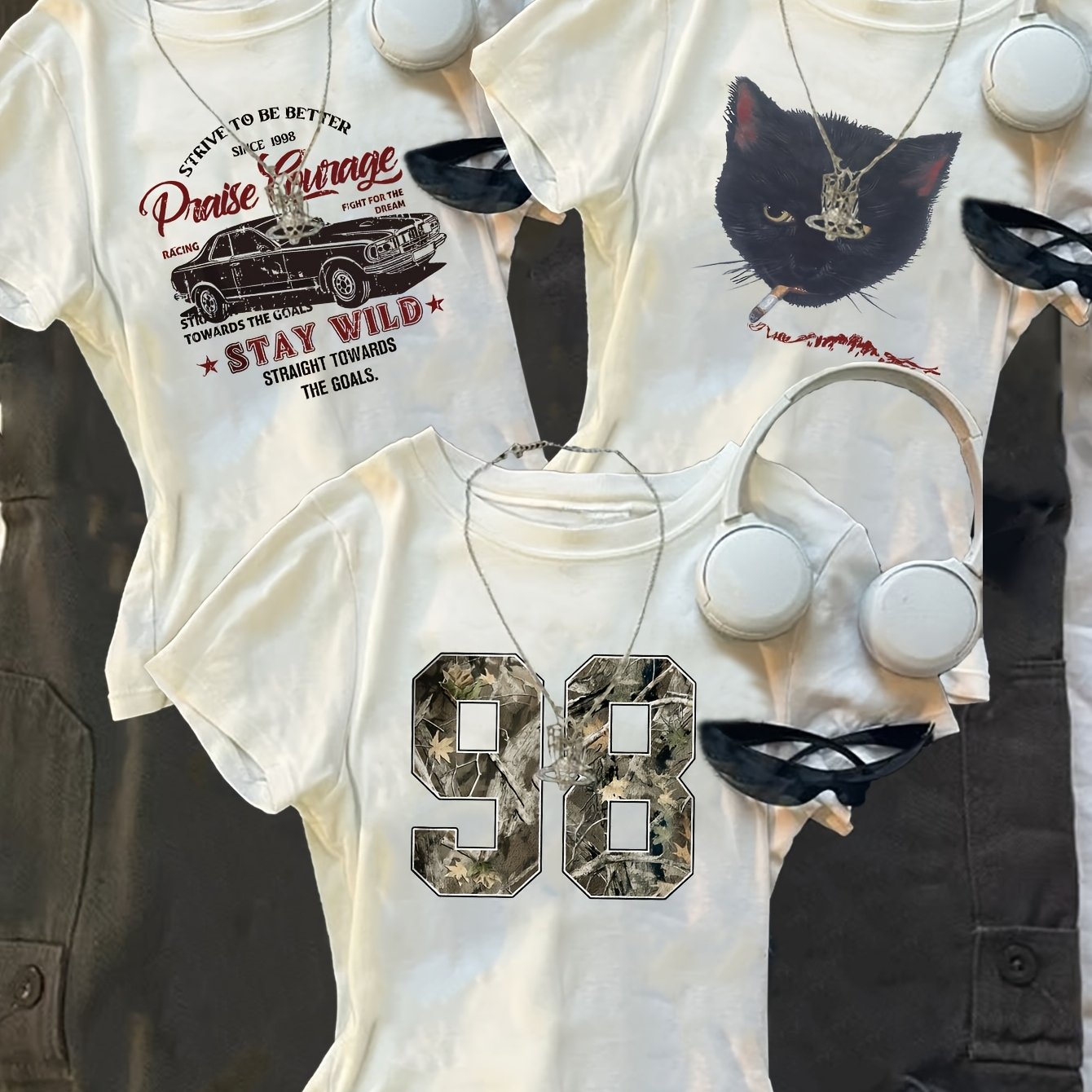 E-shop Kreatives Trendmuster bedrucktes T-Shirt, kurzärmeliges Freizeit-Top mit Rundhalsausschnitt, Sommer Frühling, Damenbekleidung