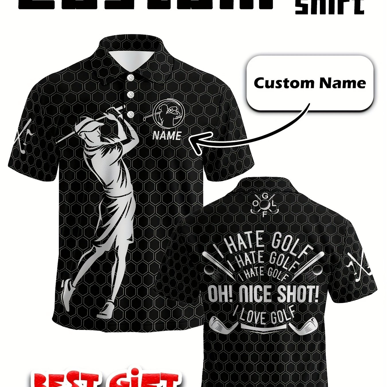 TEMU Printed Design - Not Textured Men's Custom Golf Shirt - Self- Name, Fashionable Short-sleeve Lapel For Summer Outdoor Daily Streetwear, , ,