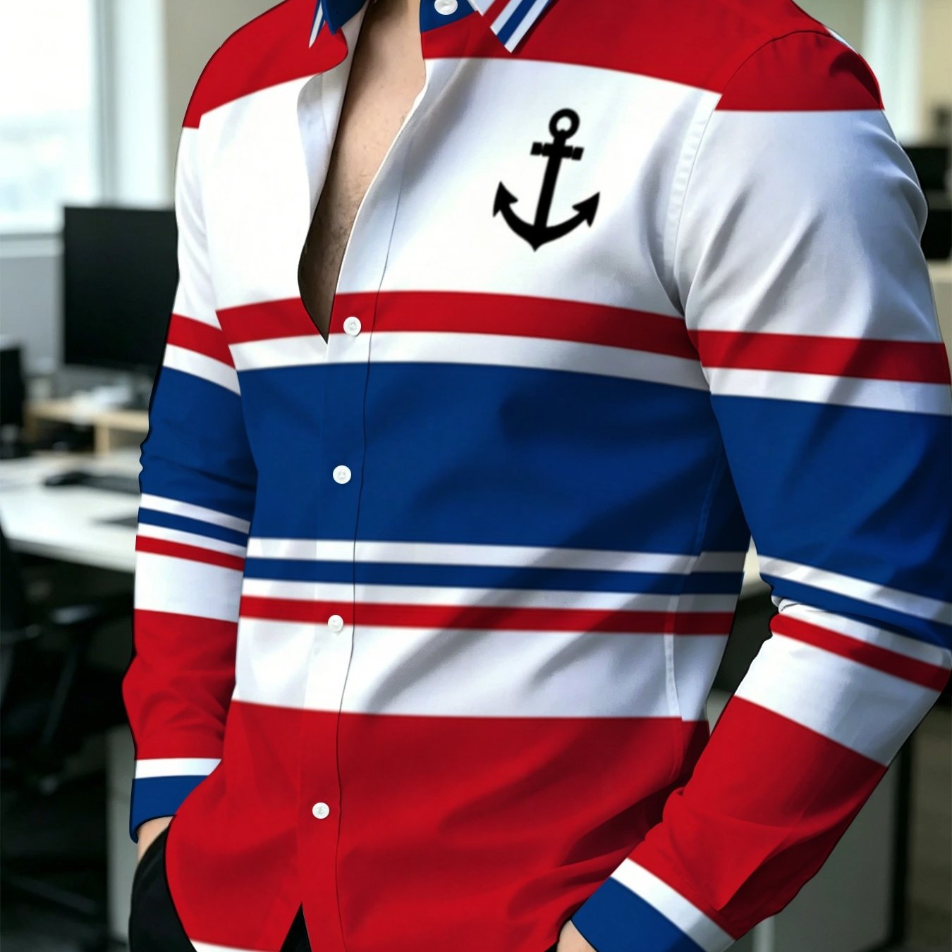 TEMU 2026 's Long-sleeve Shirt Striped Anchor Print Decoration Slim Fit Comfortable Breathable Fabric Daily Date Versatile Trendy Youth Must-have
