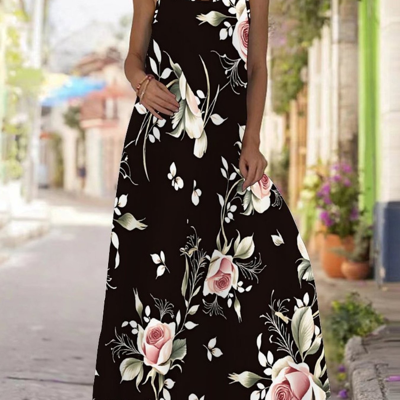 Plus Size, Women's Plus Size Spaghetti Strap Round Neck Dress, Boho Print, Ideal For Daily, Date & Party Wear