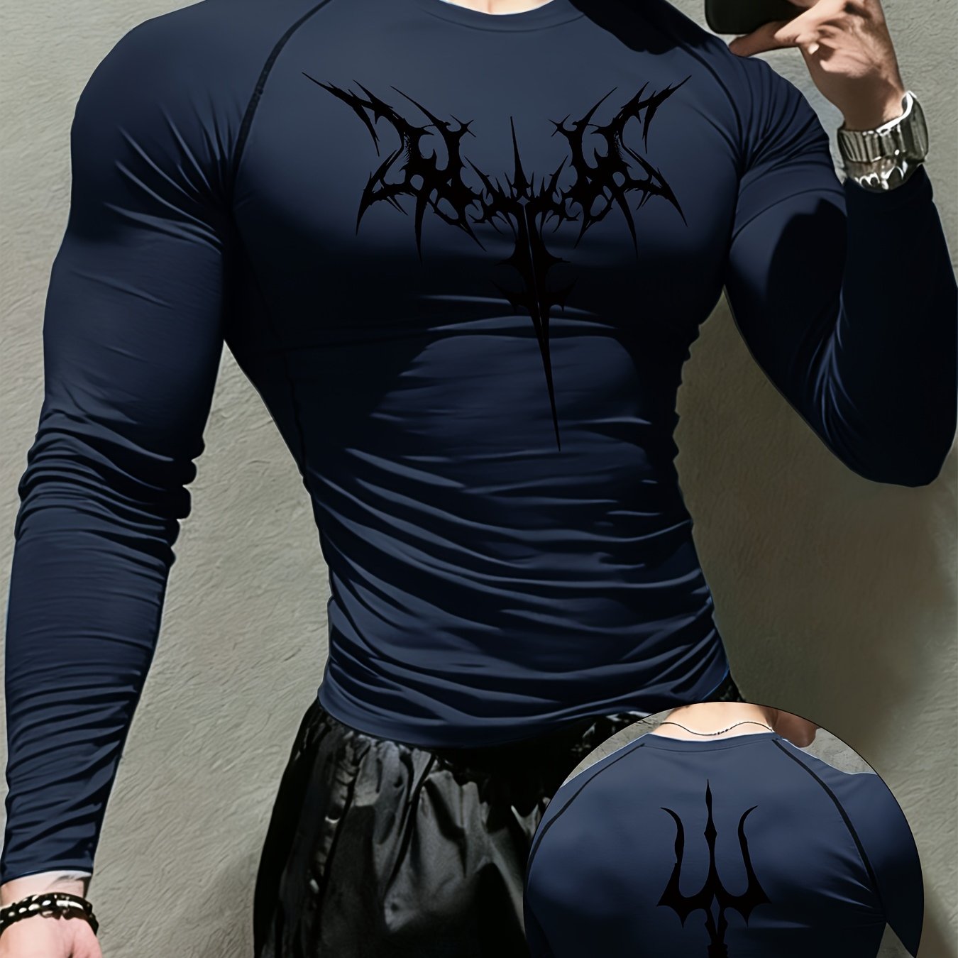 TEMU Men's Printed Long-sleeve Shirt With Symbol, Dark Abstract Gothic Style Logo, And Thorn Decorative Pattern. Stretchy, Form-fitting,