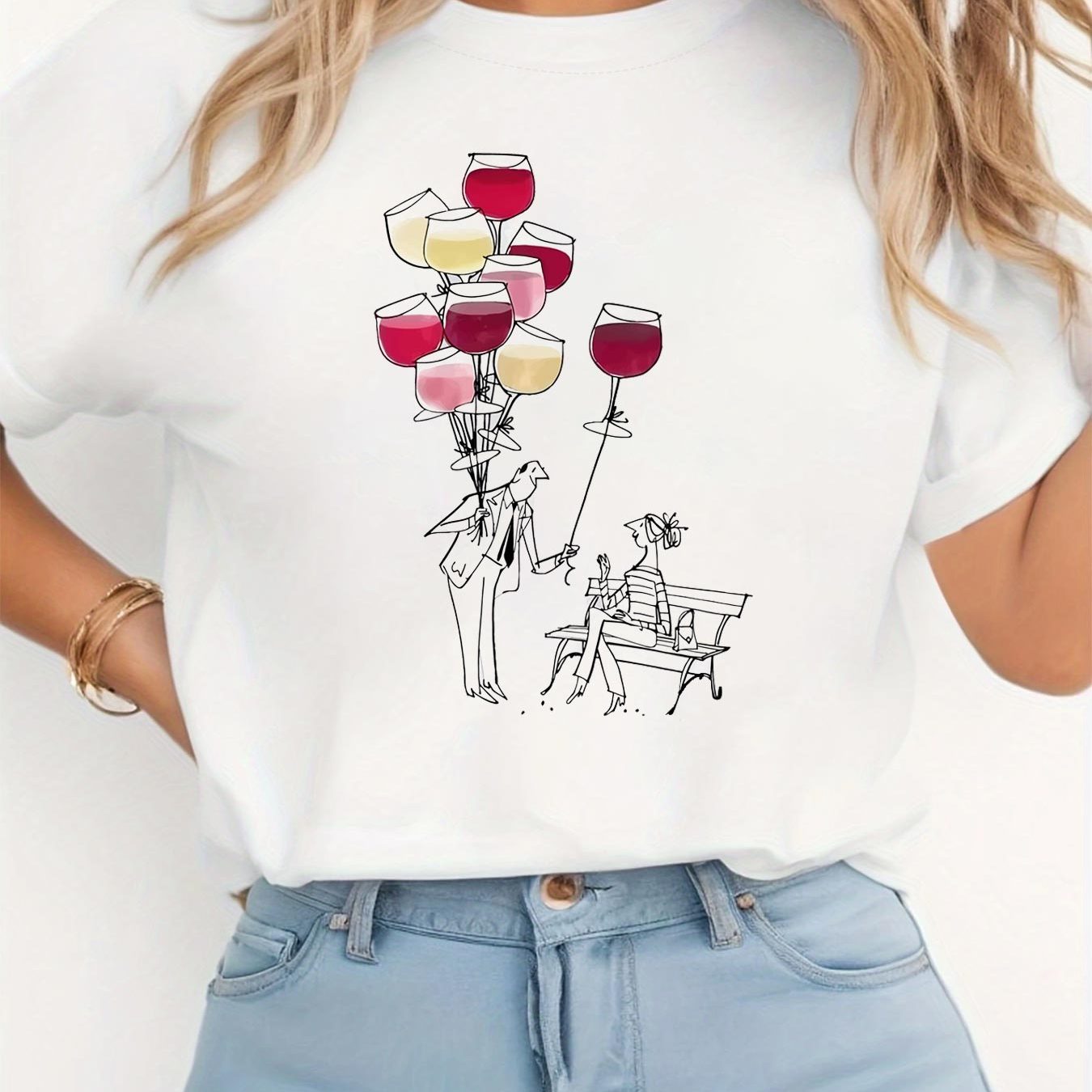 TEMU Women's Short-sleeve Round Neck T-shirt With A Creative Wine Glass Balloon Pattern Print For Spring And Summer