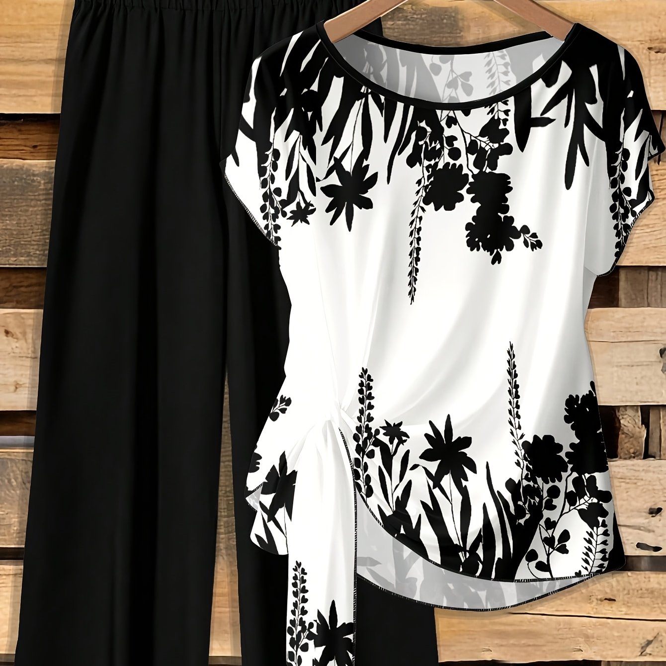 TEMU Plus Size - Plus Size - Plus Size Women's 2pcs Floral Print Top And Casual Pants Elegant Plus Size Outfit Summer Outdoor Wear
