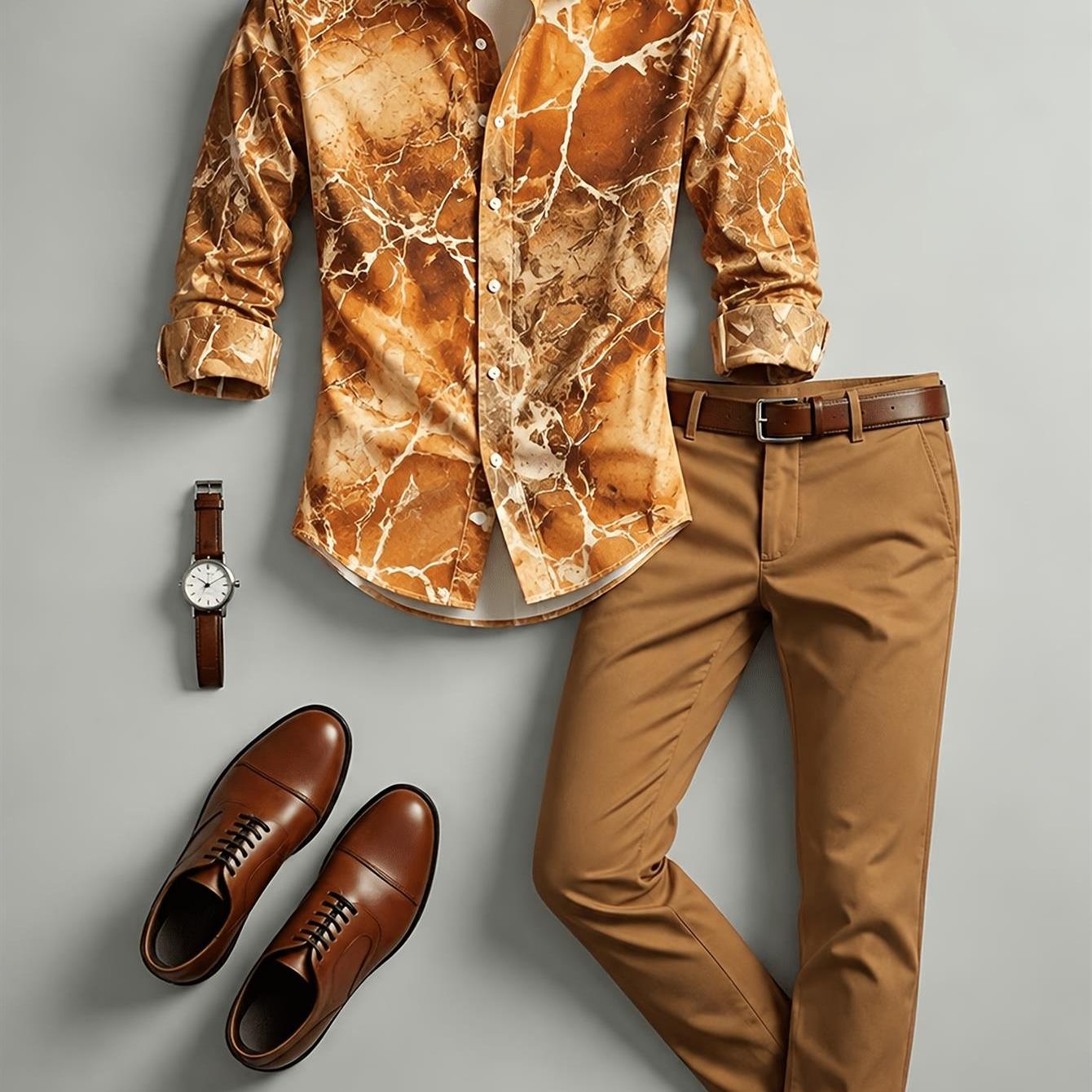 Image of New Mens Long-sleeve Collared Shirt And Long Pants Set, Featuring Geometric Art Design, Suitable For Mens Home, Casual, And Outdoor Settings, Gifts, Trendy And Fashionable Mens Casual Outfit