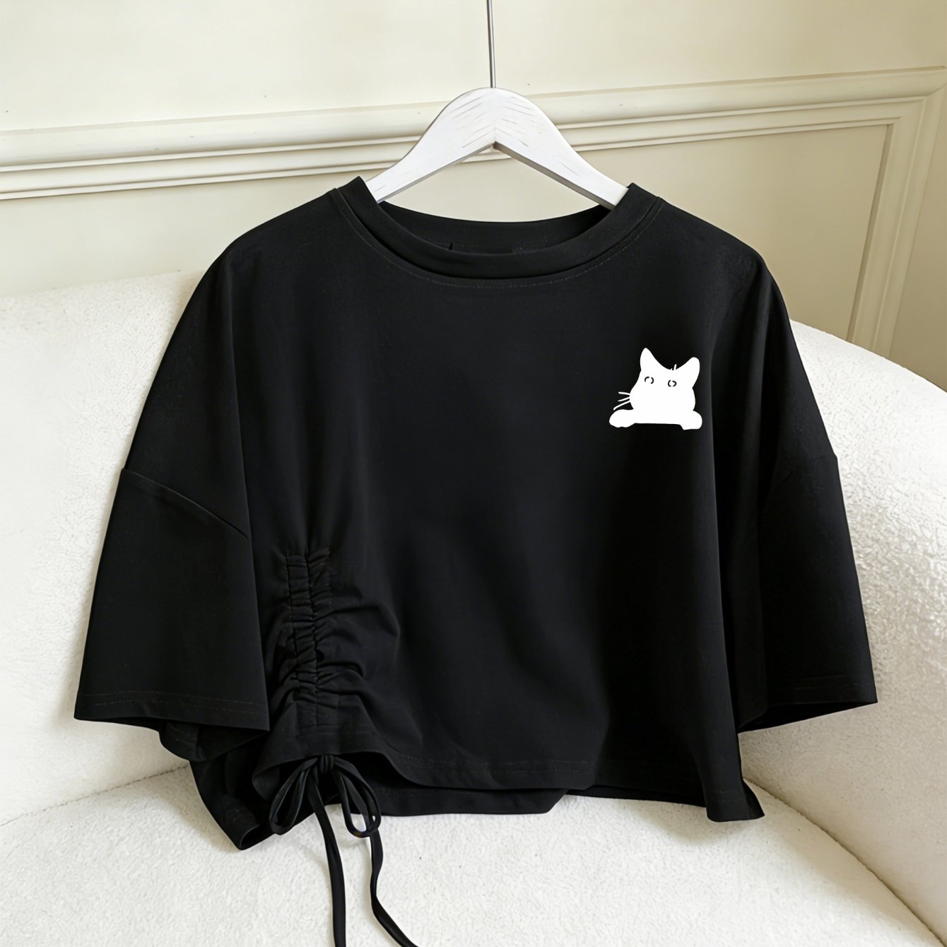 TEMU This New Women's Casual Short-sleeve T-shirt Features A Cute Print Of A Peeking Out. It Has A Comfortable Loose Fit, A Drawstring Hem That