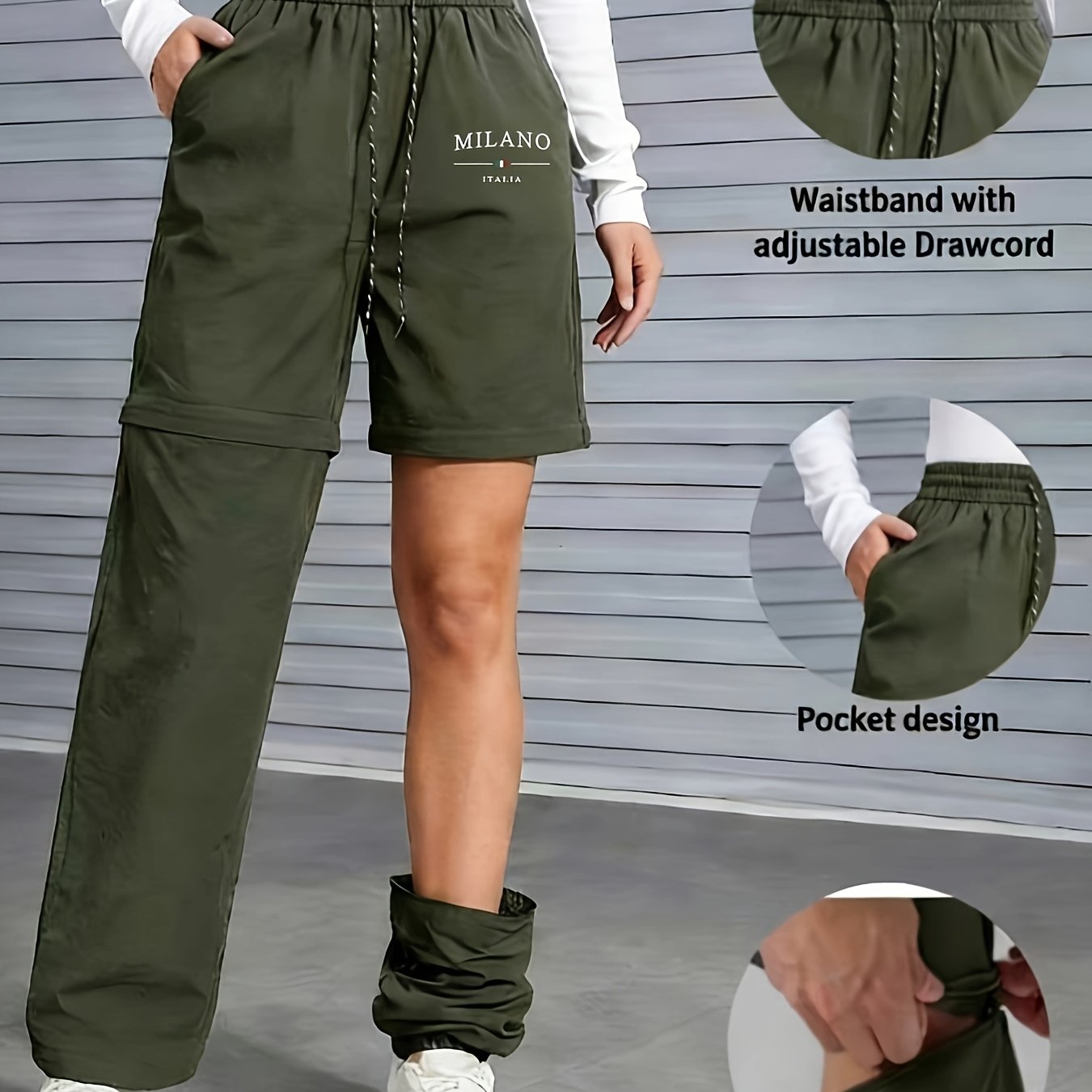 TEMU Women's Outdoor Casual Long Pants, With Fashionable Print Design, Detachable To Shorts, 3 Colors , Drawstring Elastic Waist, Casual Trendy, For