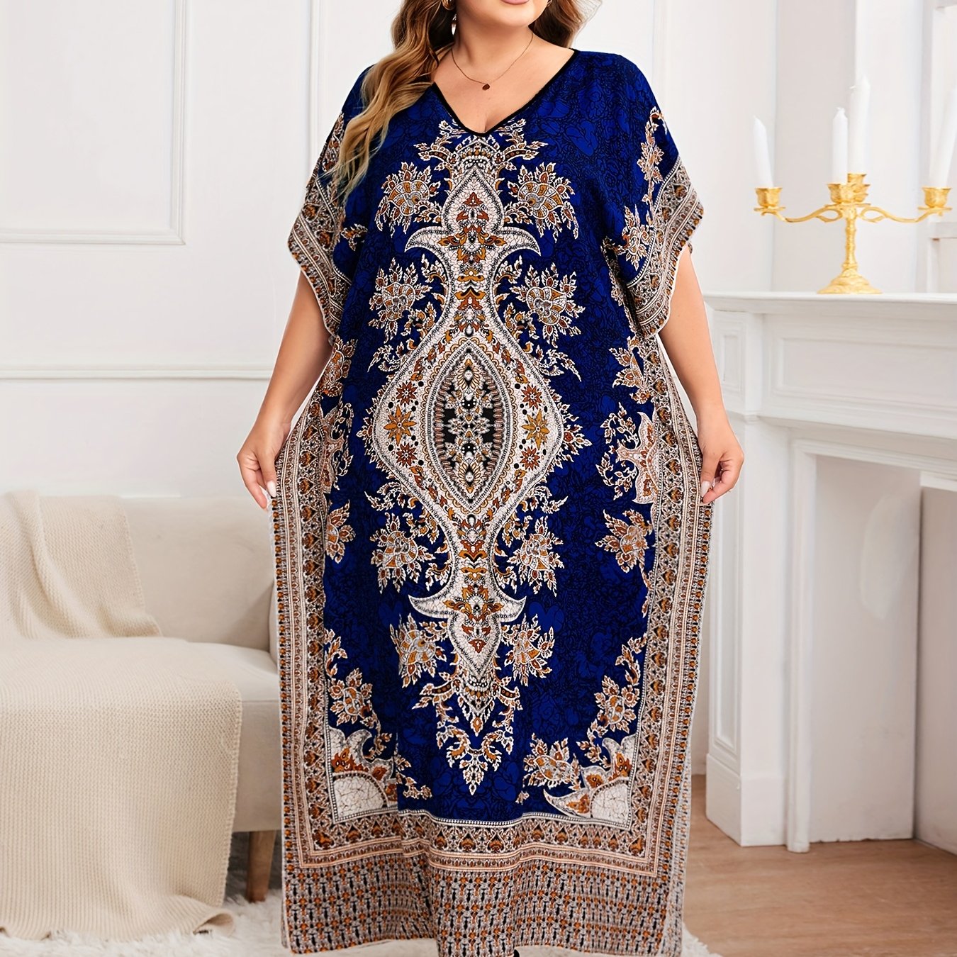 TEMU Plus Size, 2026 European And American Spring/summer New Arrival Plus Size Elegant Women's Middle Eastern Ethnic Style Batwing Sleeve Robe