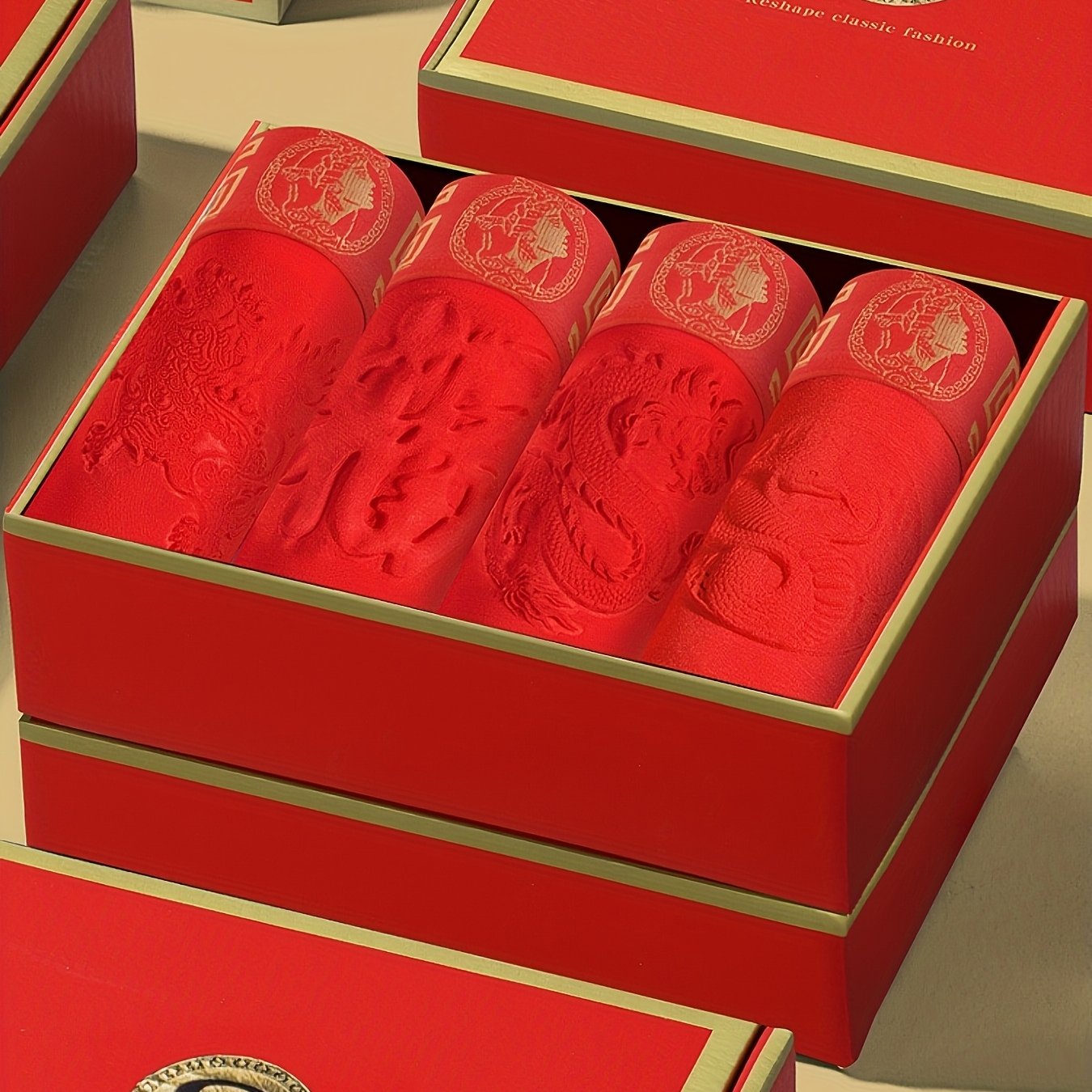 TEMU 4pcs New Year's Gift Set: Red Embossed Print Snake, Dragon, , And "fu" Character, Comfortable Breathable Men's Boxer Briefs, With Gift Box
