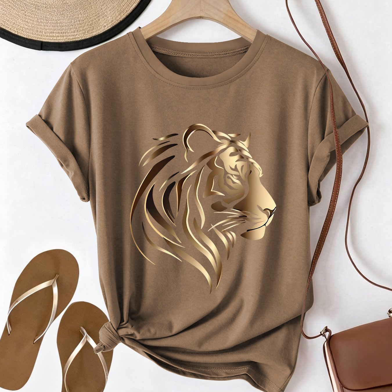 TEMU [new Women's Clothing] Plus Size Women's Summer Autumn Apparel, Texture Lion Print Round Neck Short Sleeve T-shirt, Light , Casual Versatile