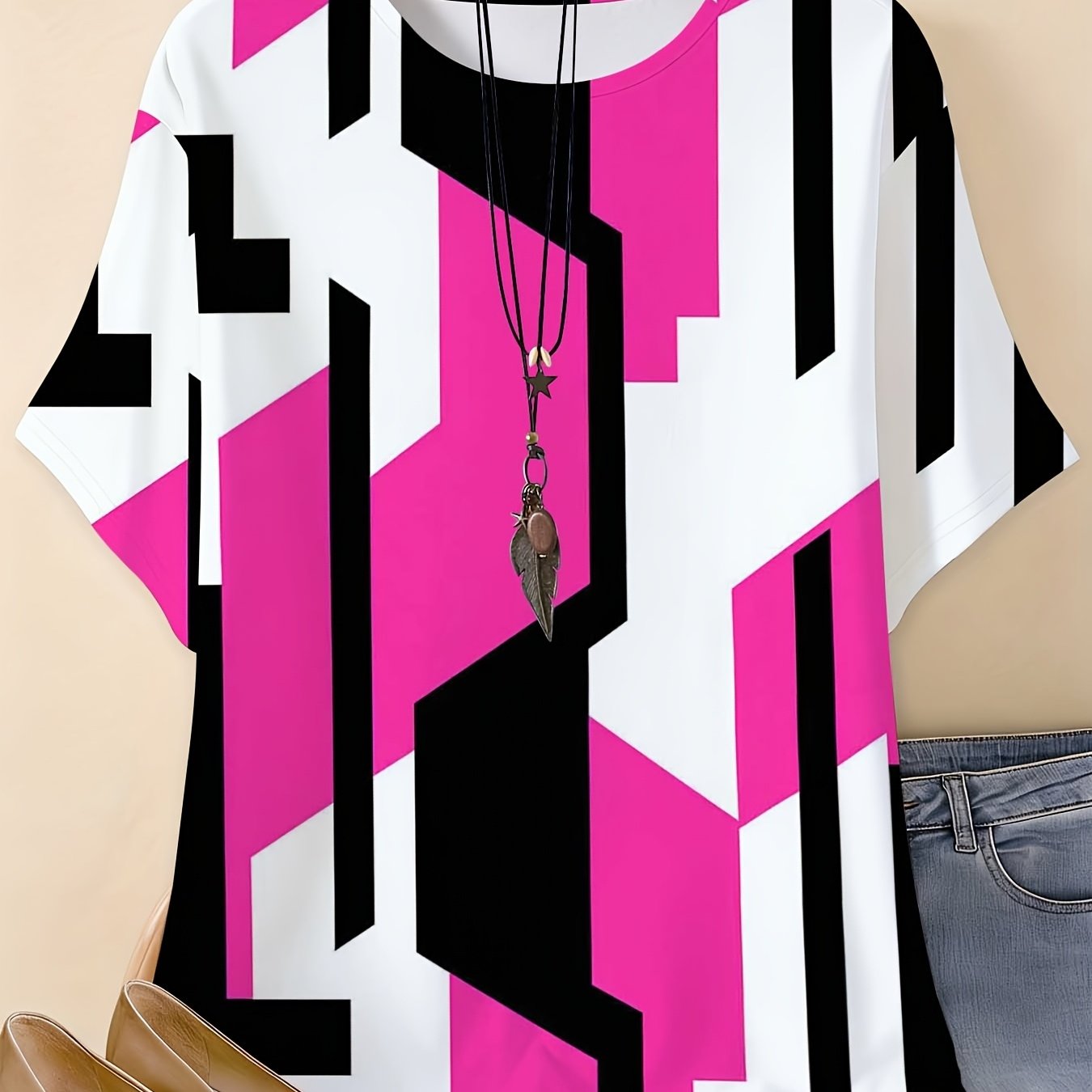 Plus Size - Plus Sizes Geometric Pattern T-shirt Pink And Black Women's Casual Summer Wear Fashion Statement Top Street Style Outfit