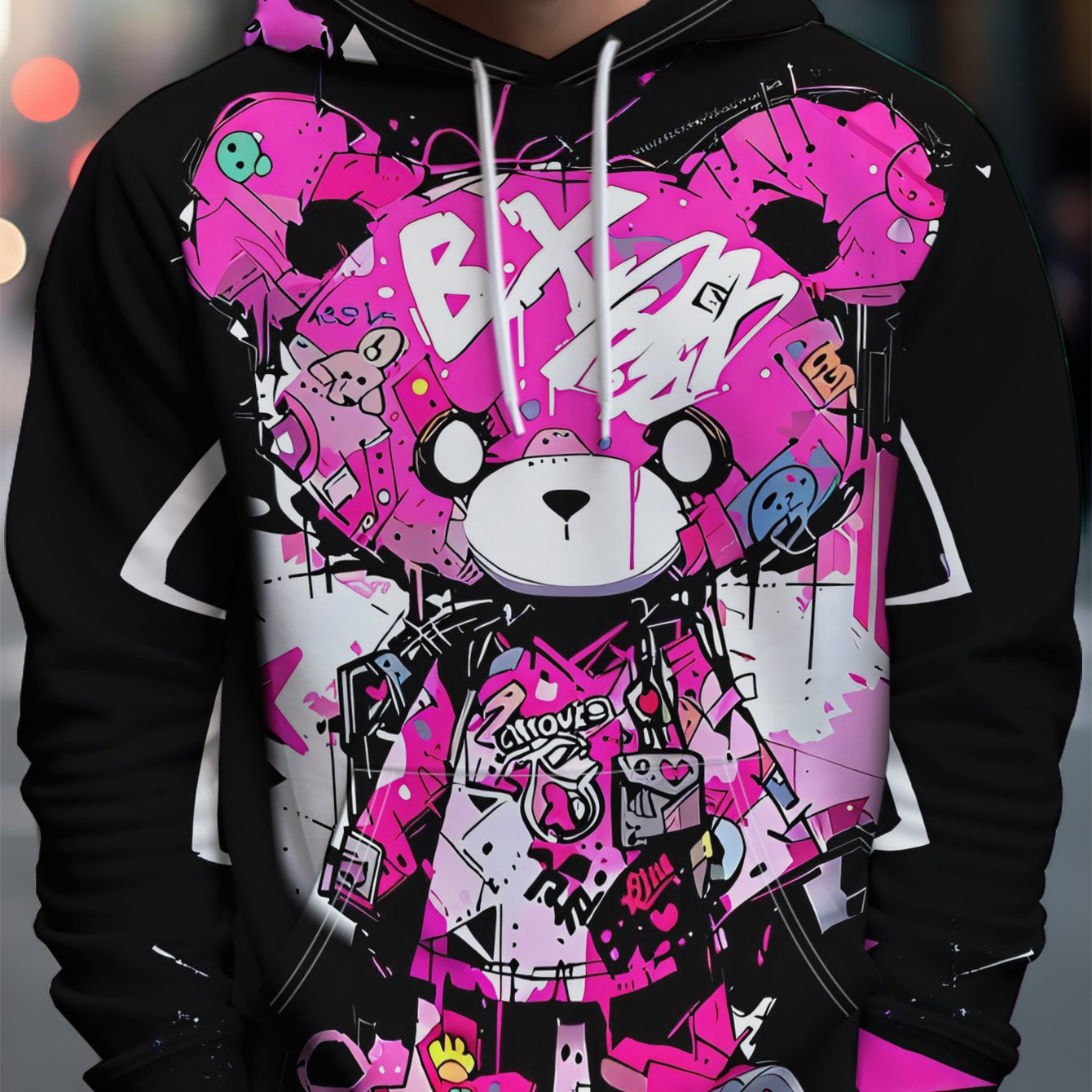 TEMU A Casual And Stylish One-piece Men's Hoodie In Pink With Colorful Graffiti Bear Cartoon Design - Made From Stretchy Fabric, Suitable For Autumn