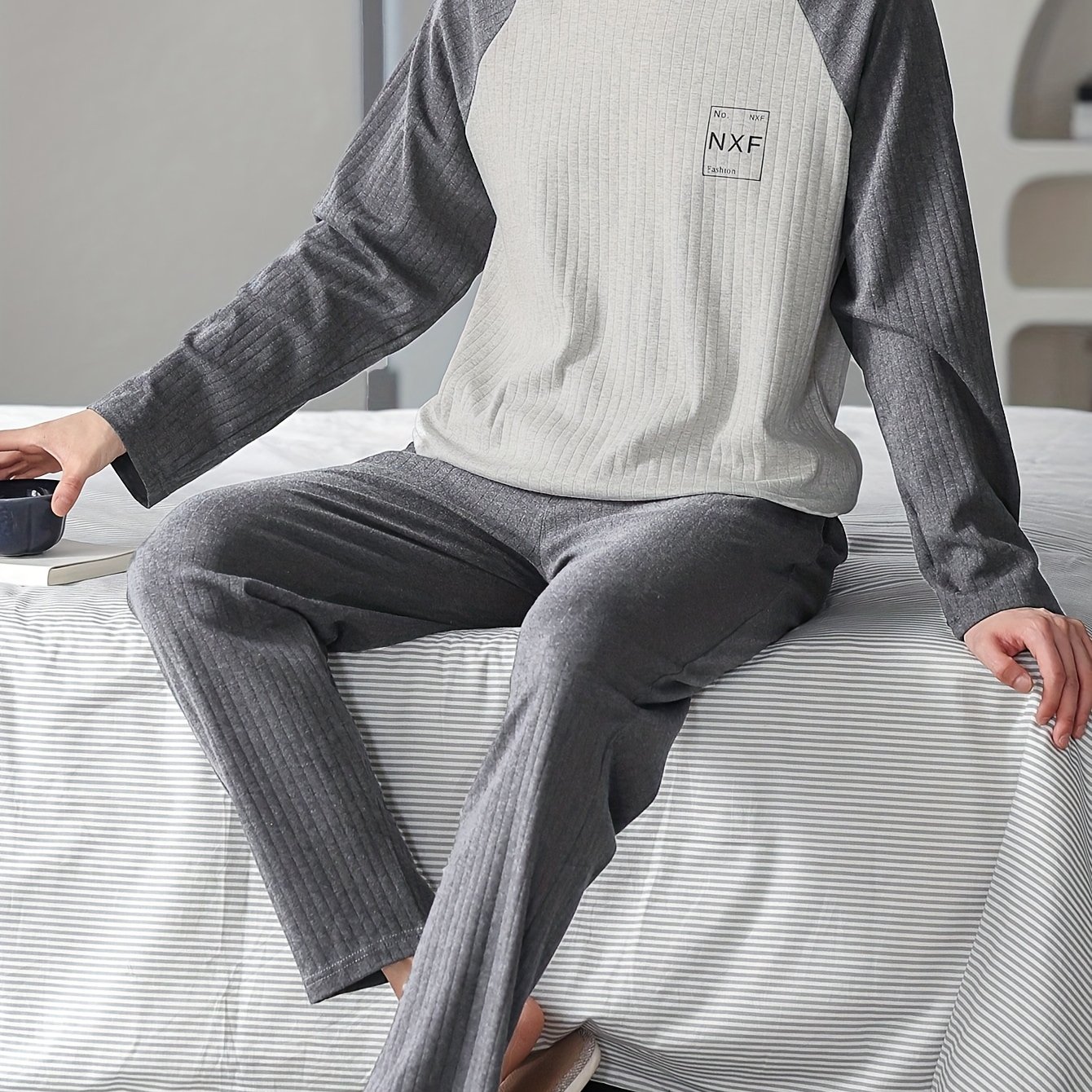 2pcs Men's Pajama Set, Spring/autumn Round Neck Breathable Sweat-absorbing , Sweat-resistant