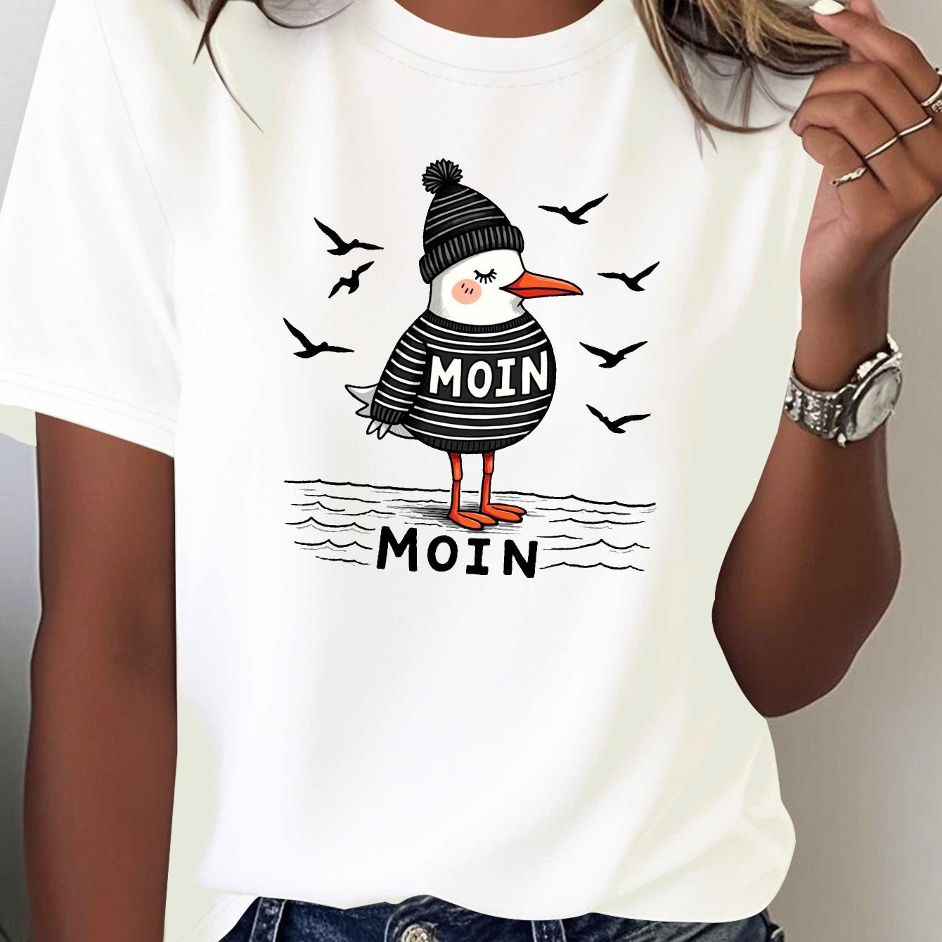 Plus Size - Plus Size - Moin Moin Cute Seagull In Striped Sweater North German Graphic Print Plus Size Women's T-shirt, Short Sleeve Crew Neck Casual Top For Summer & Spring, Women's Clothing